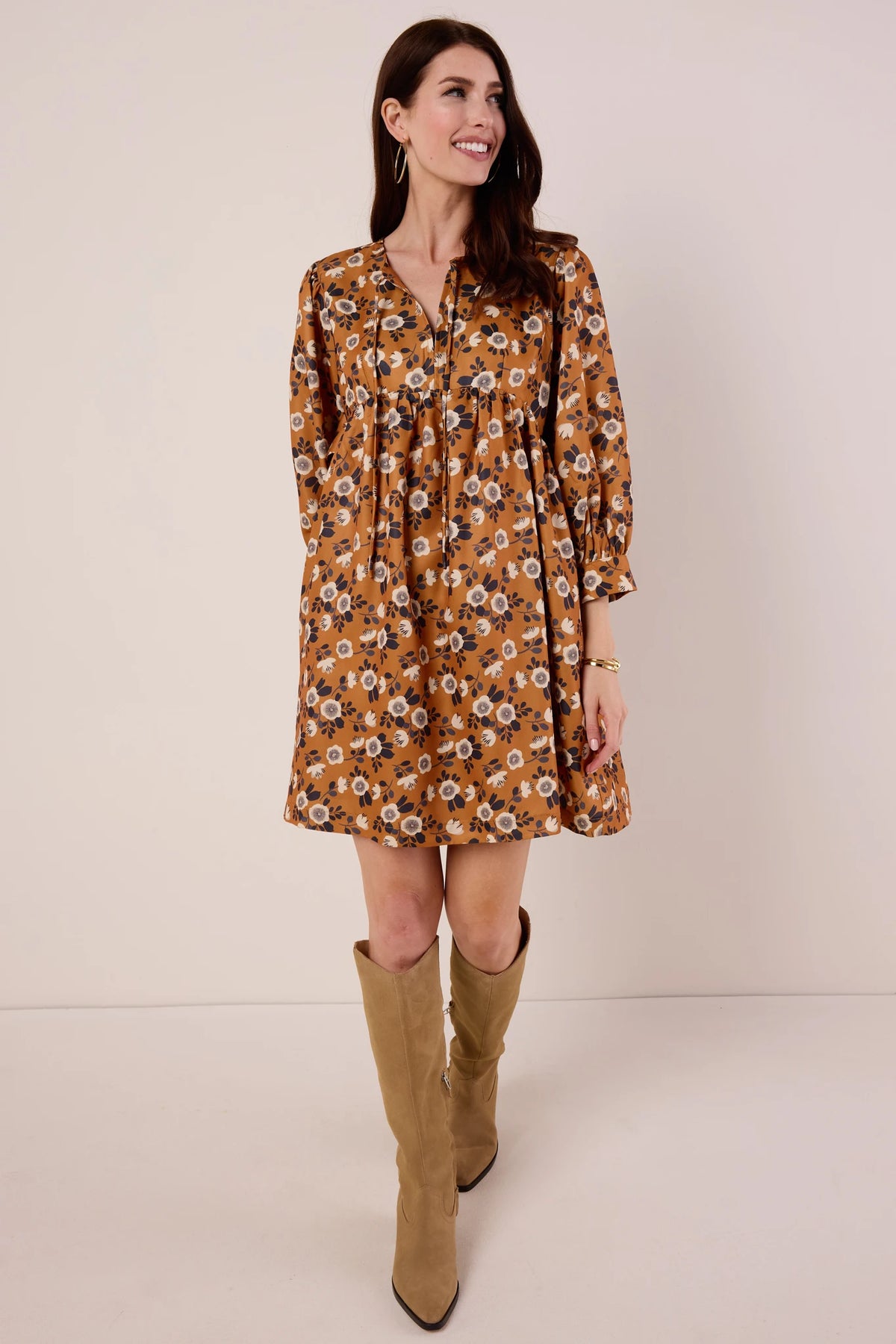 Rust Floral Susie Short Dress - Full Front View, styled with tan knee-high boots | Avara