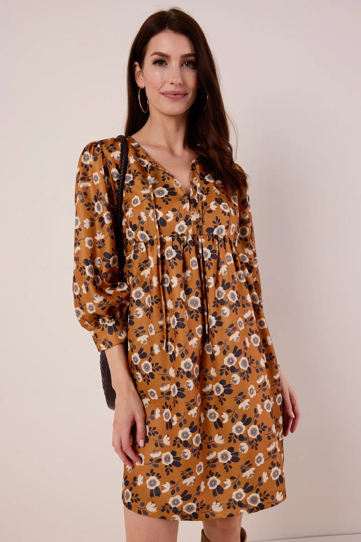 Rust Floral Susie Short Dress - Front On-Model with black braided bag, V-neckline detail | Avara