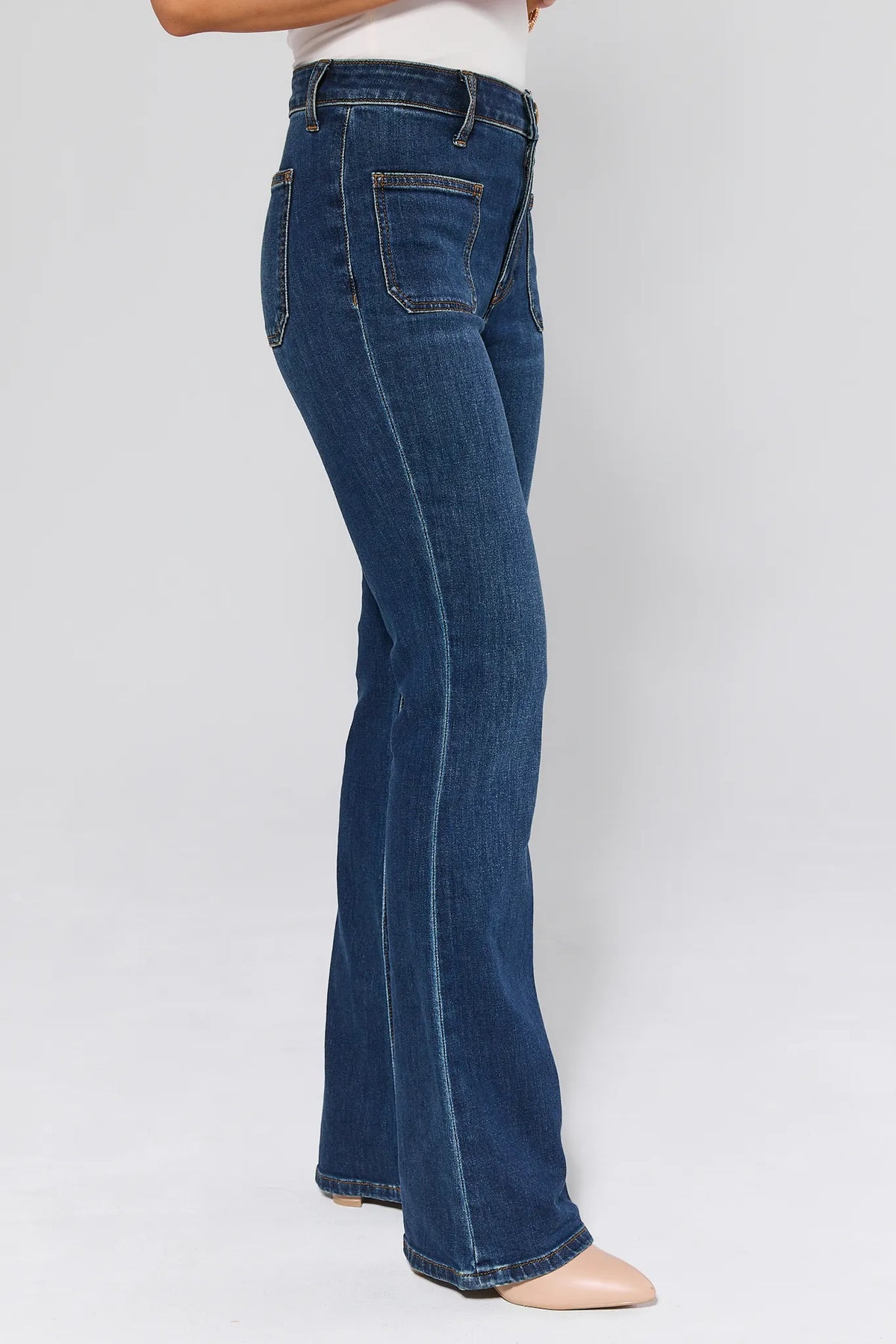 Ana High Rise Dark Wash Flare Jeans - Side Profile showing flared leg | Avara