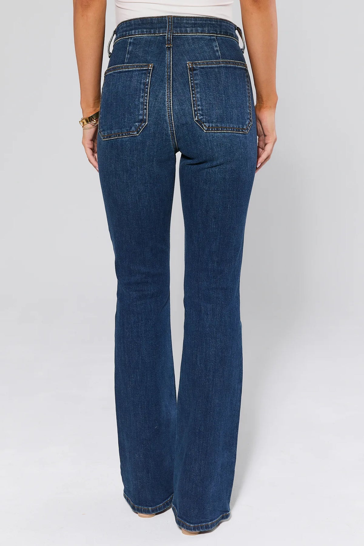 Ana Dark Wash Flare Jeans back patch pockets detail - Back View | Avara