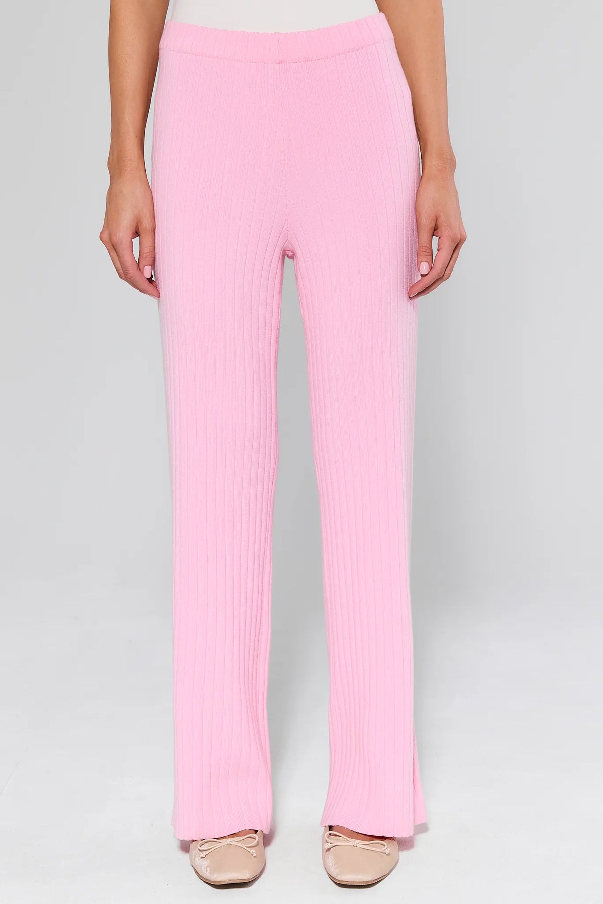 Brianna Pink Ribbed Knit Wide-Leg Pants - Front View On Model | Avara
