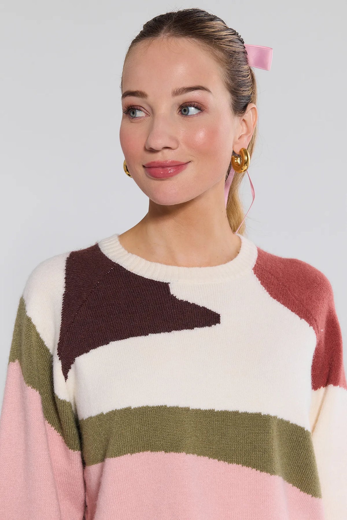 Close-up of abstract color-block knit Beverly Sweater in pink, cream & olive - Detail View | Avara