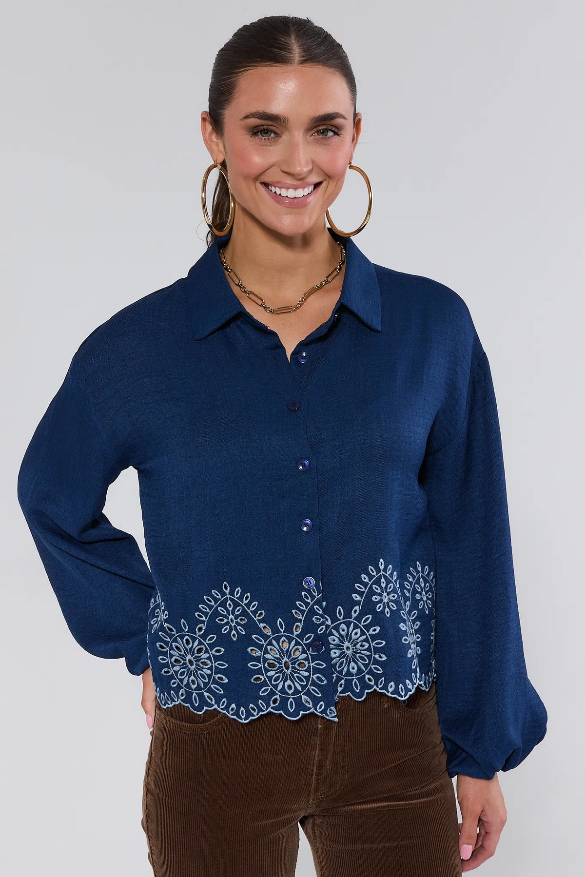 Navy Micah Embroidered Button Up Top - Front View On Model | Avara