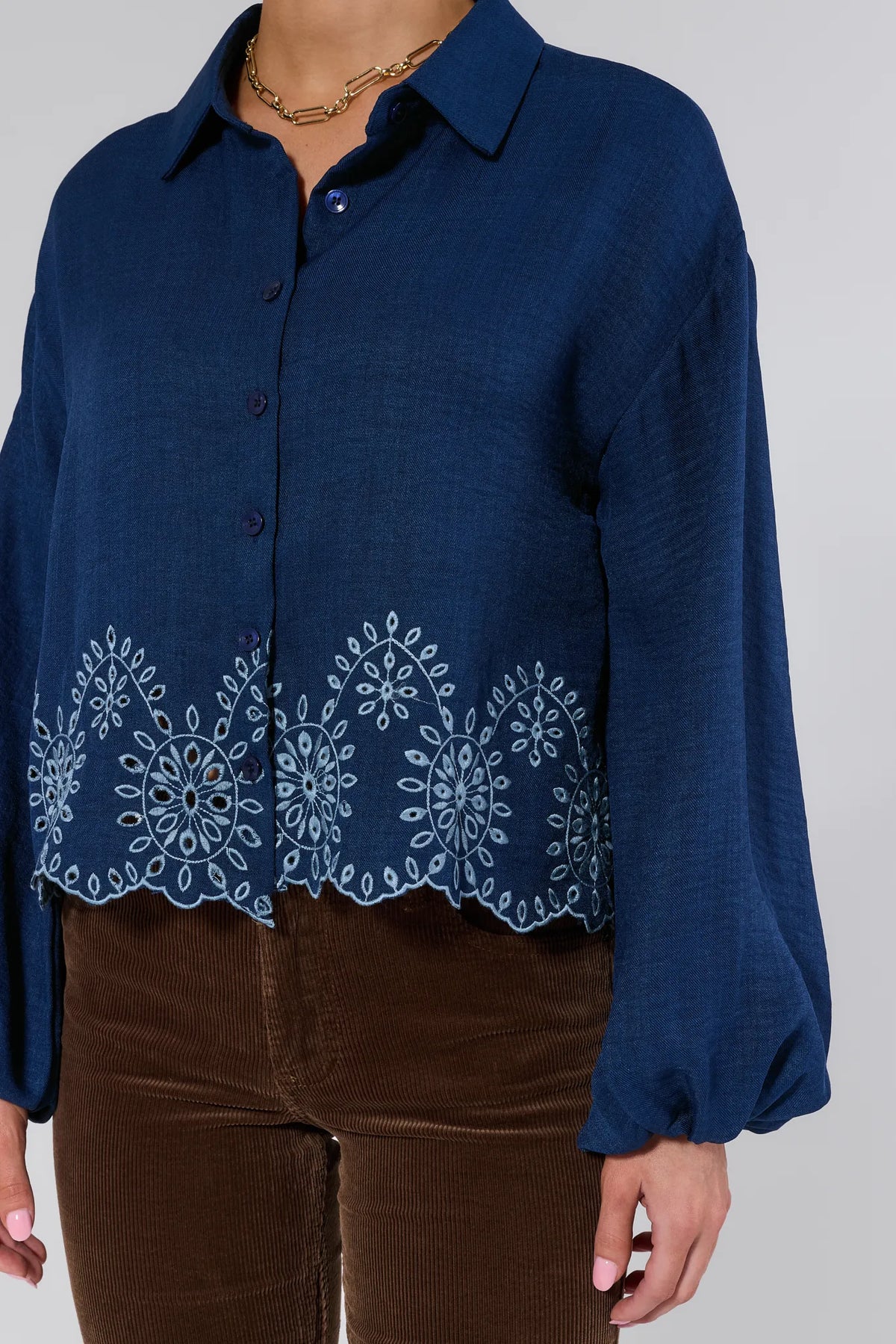 Navy Micah Top Floral Embroidered Scallop Hemline Close-Up Detail | Avara