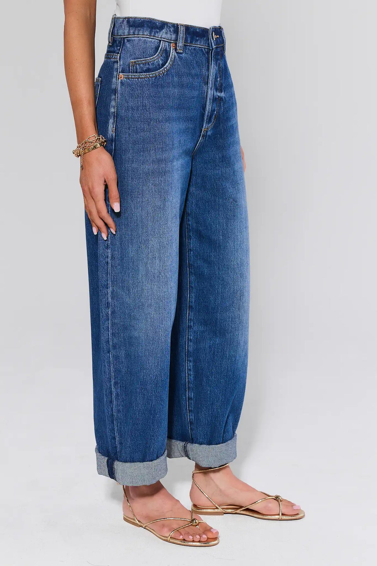 Rolla's Gigi Dark Wash Barrel Jeans - Side Profile showing Sculptural Leg | Avara