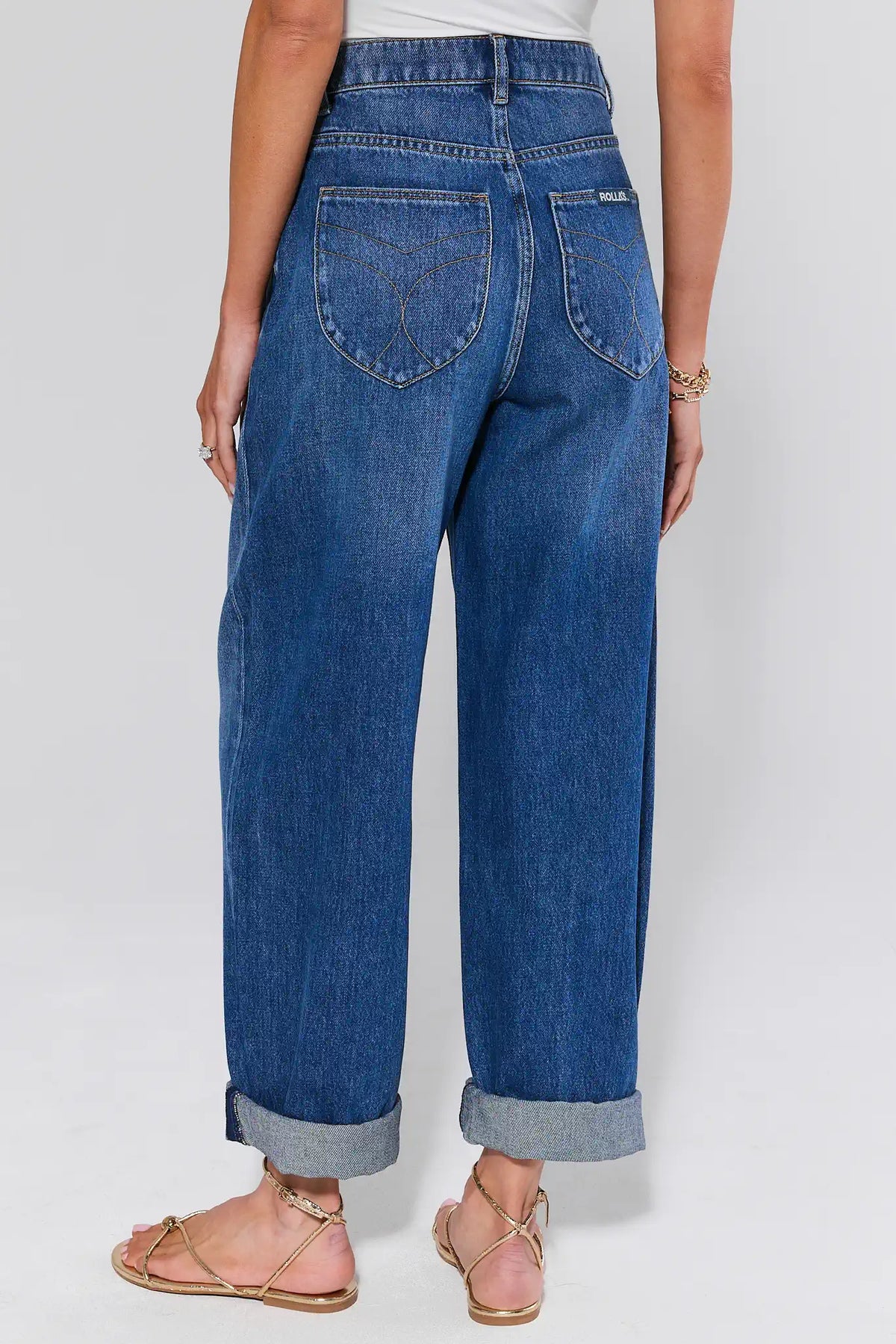 Rolla's Gigi Dark Wash Barrel Jeans - Back View with Pocket Detail and Cuffed Hem | Avara