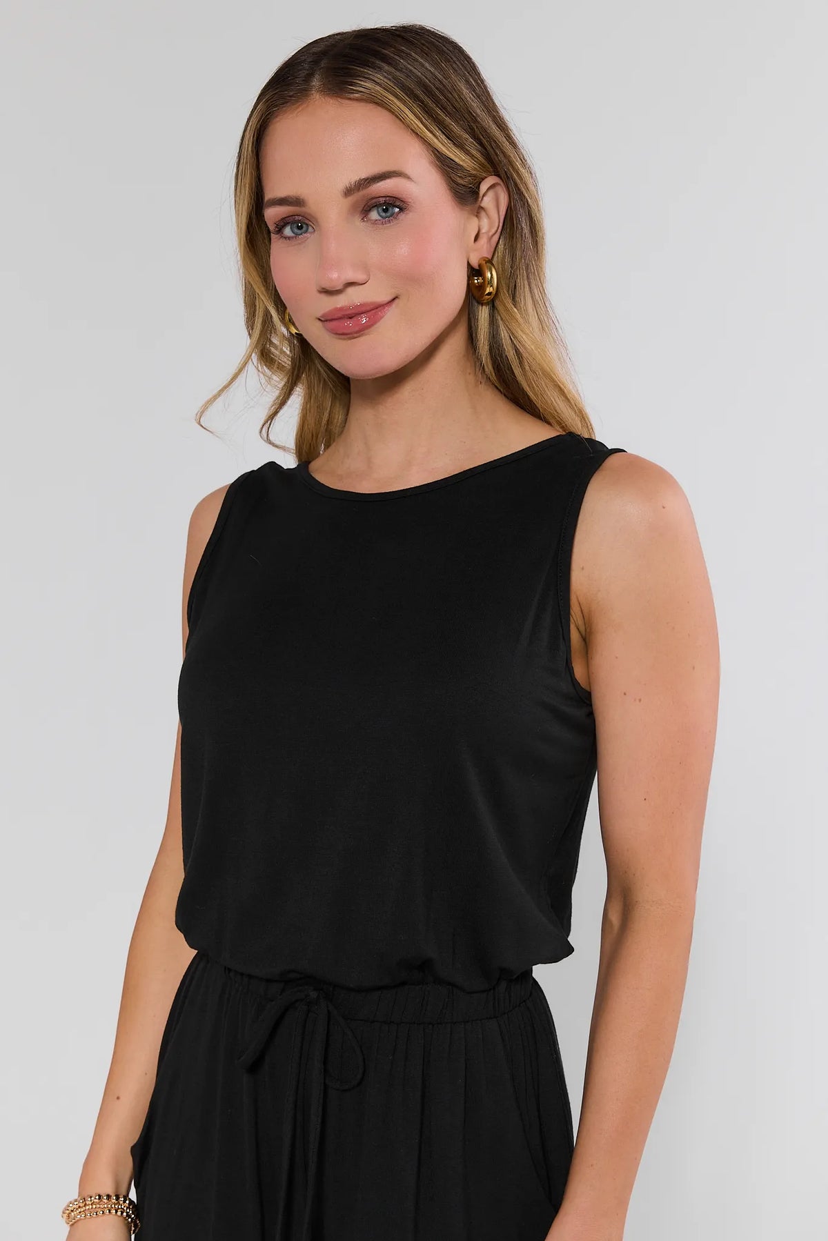 Heidi Black Drawstring Romper - Close-Up Front Detail, Round Neckline & Tie Waist | Avara