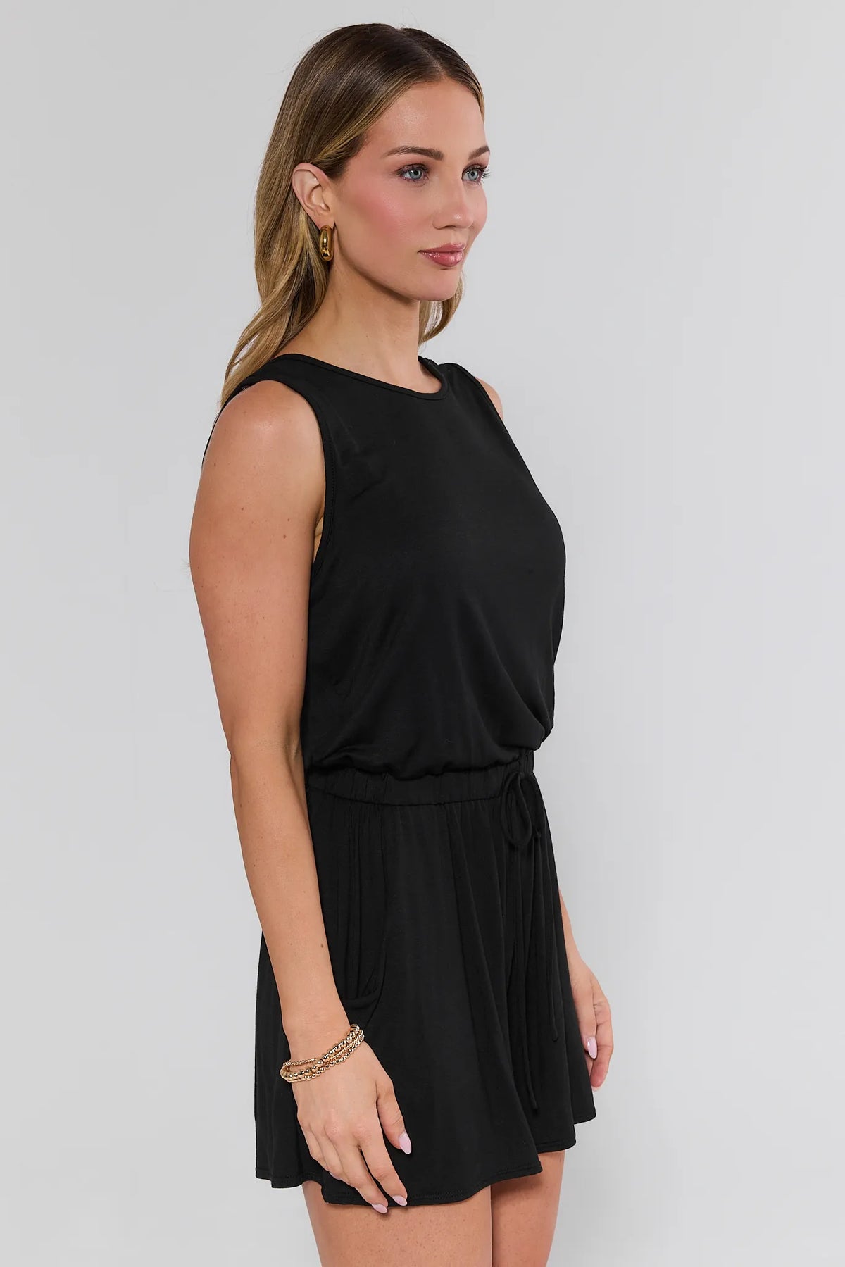 Heidi Black Drawstring Romper - Side View, Elastic Waist & Shorts Silhouette | Avara