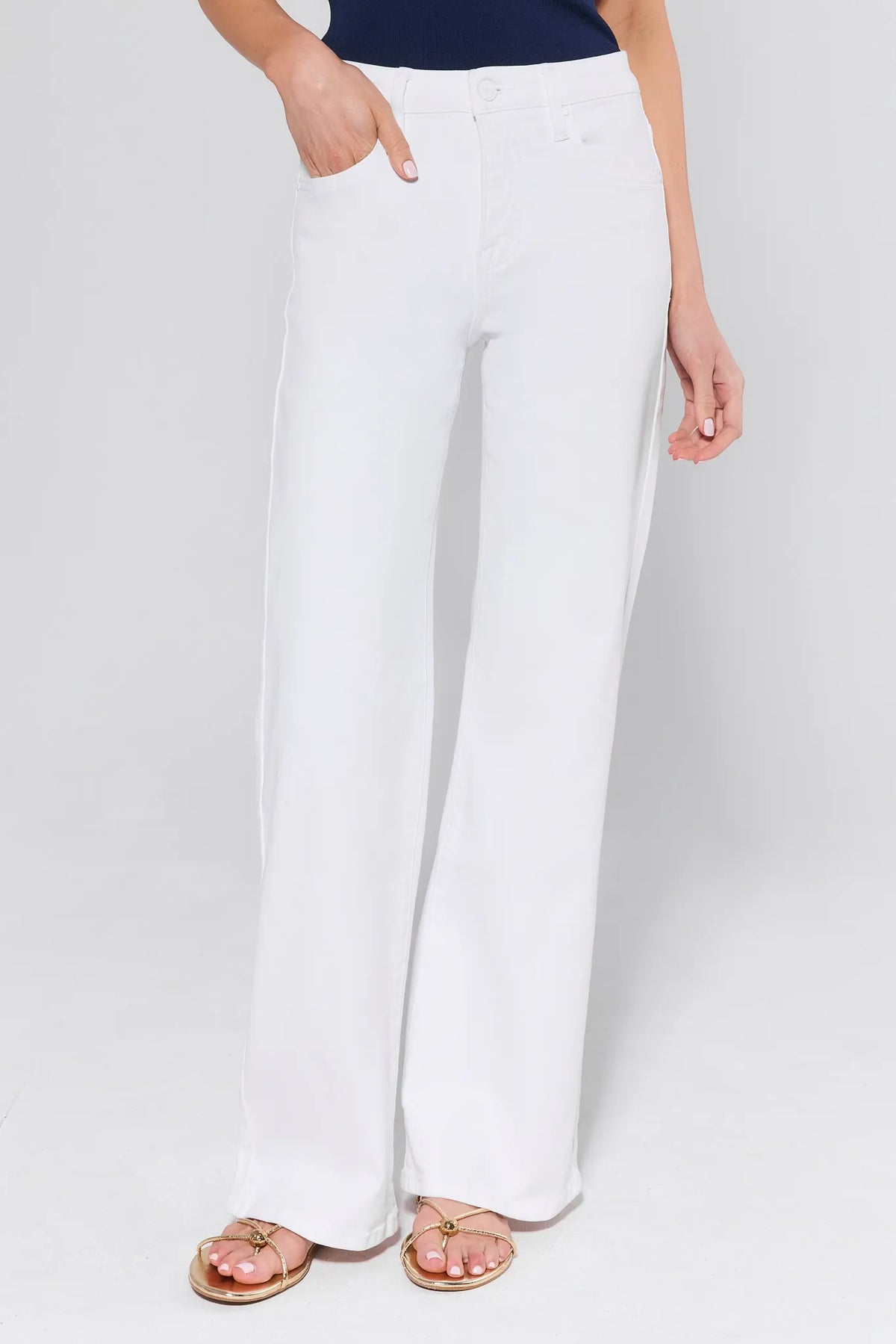 White Straight Leg Jeans Front View with Gold Sandals - Women's White Denim | Avara