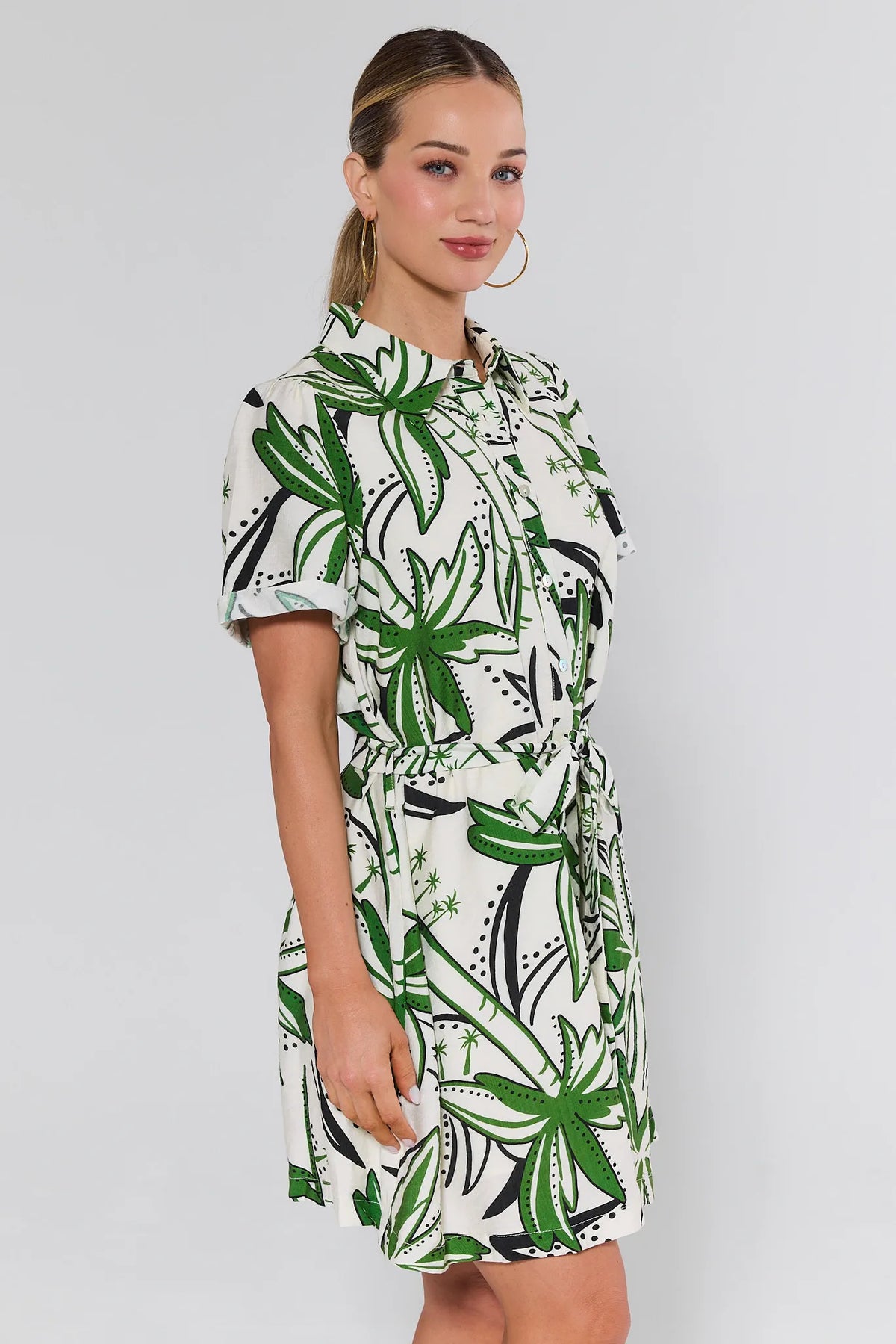 Portia Green Palm Print Short Dress - Side Profile, Elastic Waist Detail | Avara