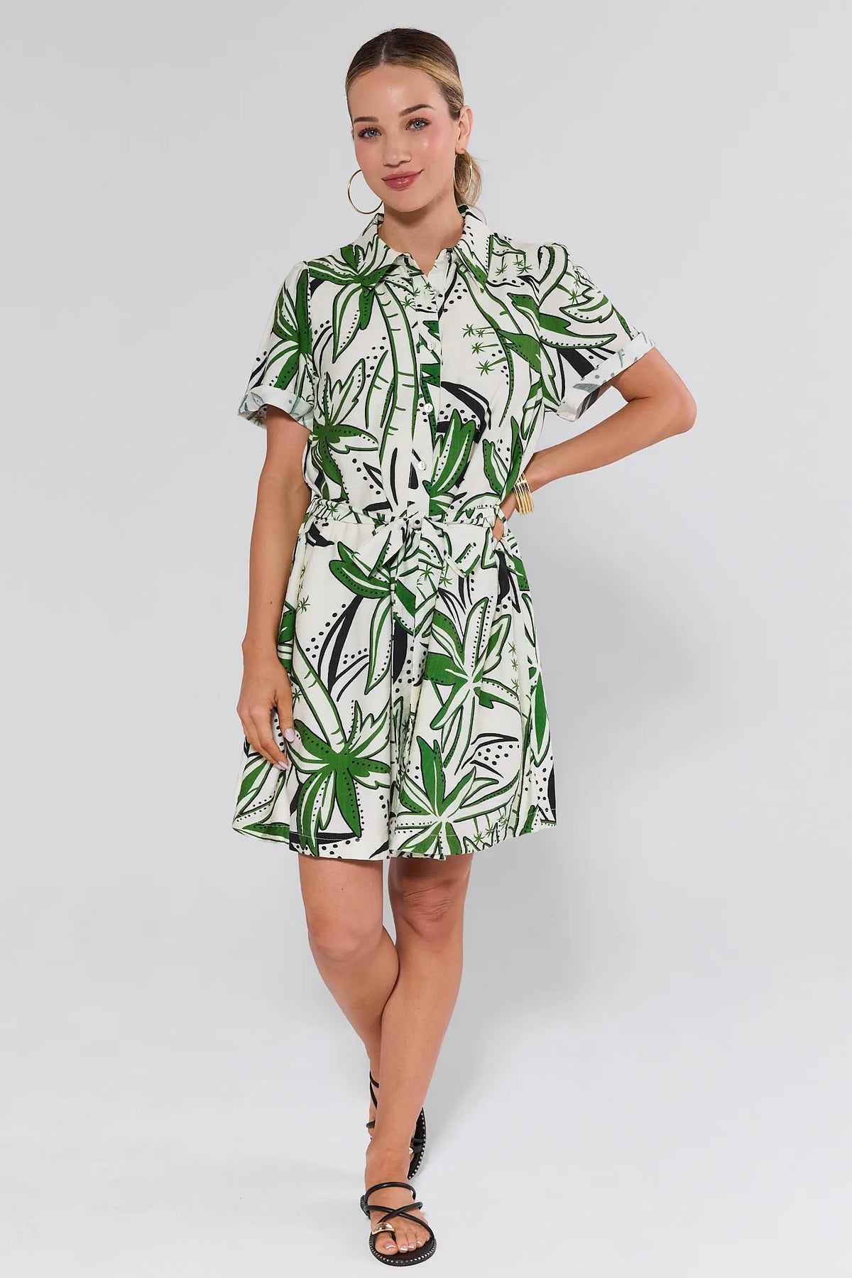 Portia Green Printed Short Dress Full Length Front View with Black Sandals | Avara