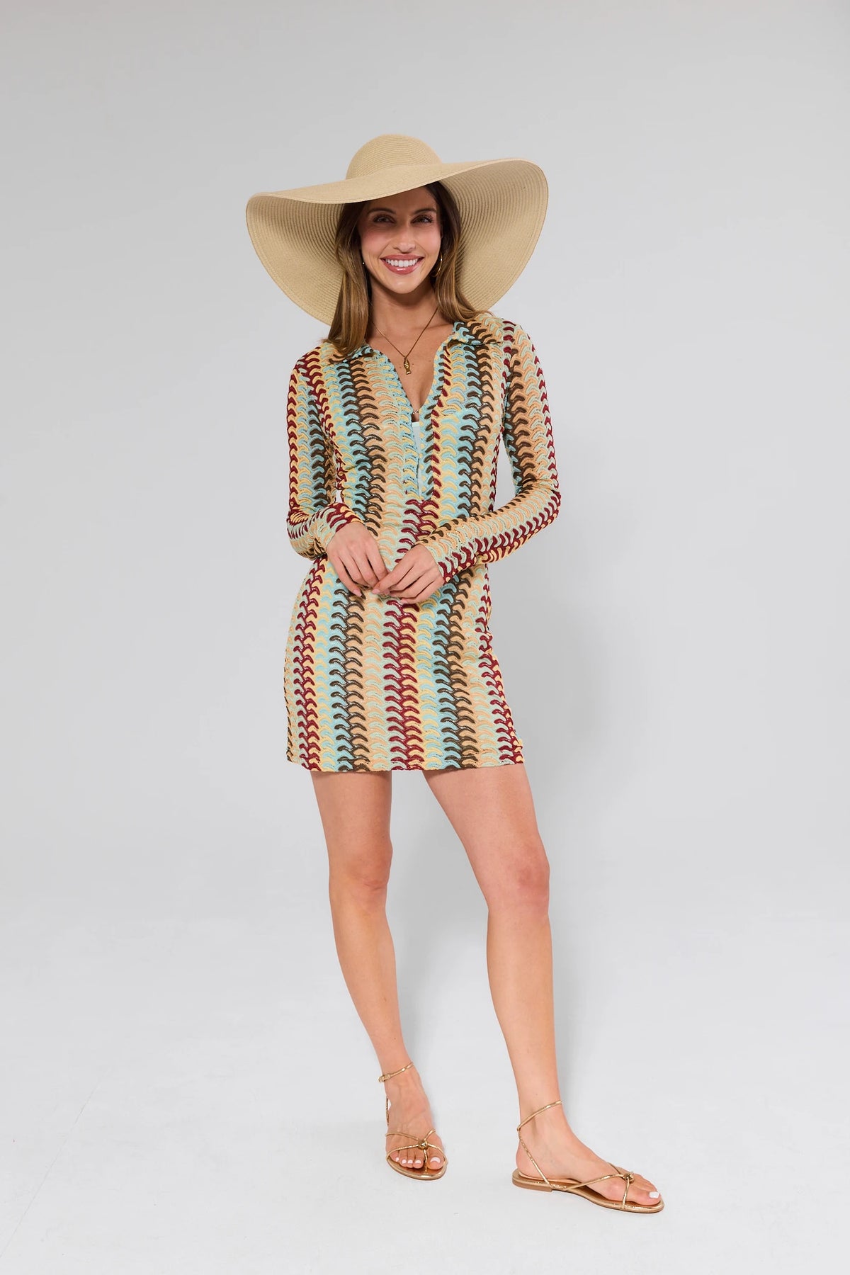 Molly Multicolor Crochet Mini Dress - Full Length Styled with Sun Hat & Gold Sandals | Avara