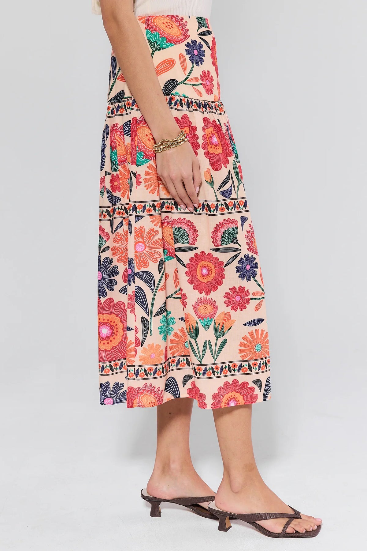 Colorful floral skirt worn by a person on a plain background