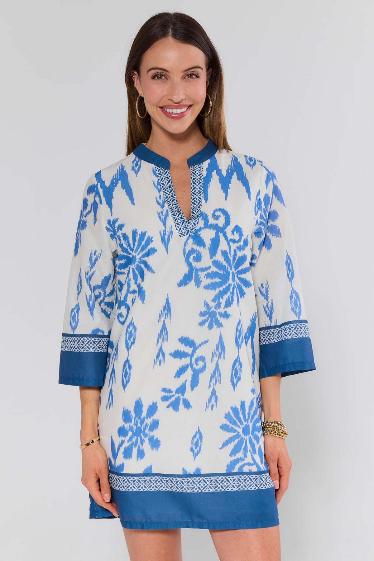 Blue ikat floral printed tunic dress with split neckline and 3/4 sleeves - Front View | Avara
