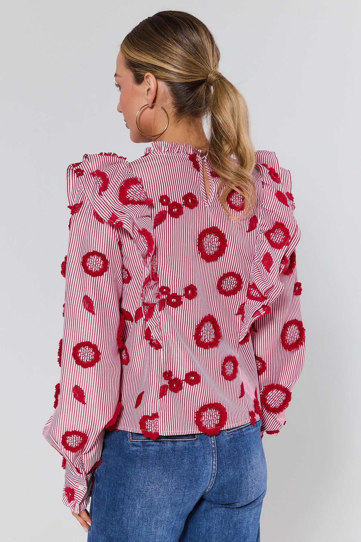 Rosie Red Floral Ruffle Top showing keyhole back detail and ruffle trim - Back View On Model | Avara