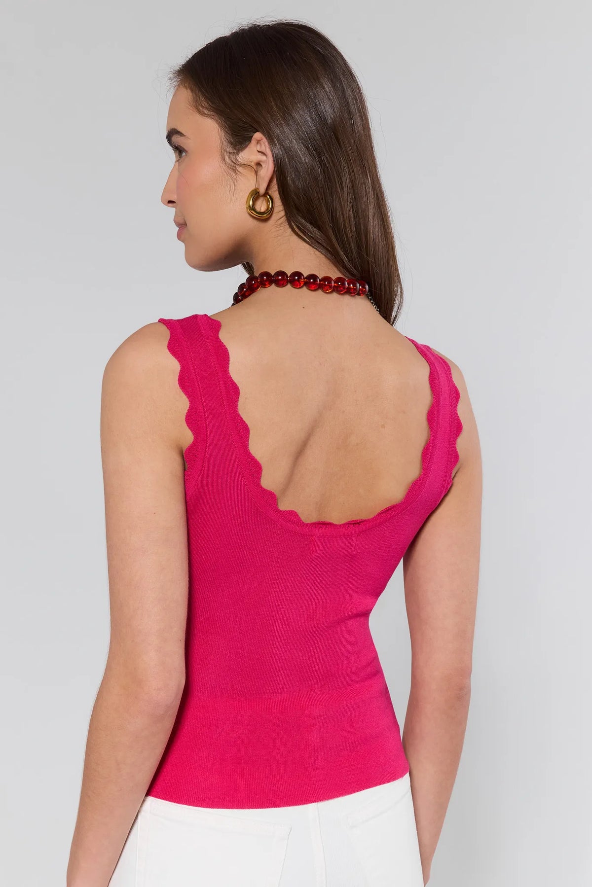 Pink scalloped ribbed-knit tank top with open back scallop trim - Back View | Avara