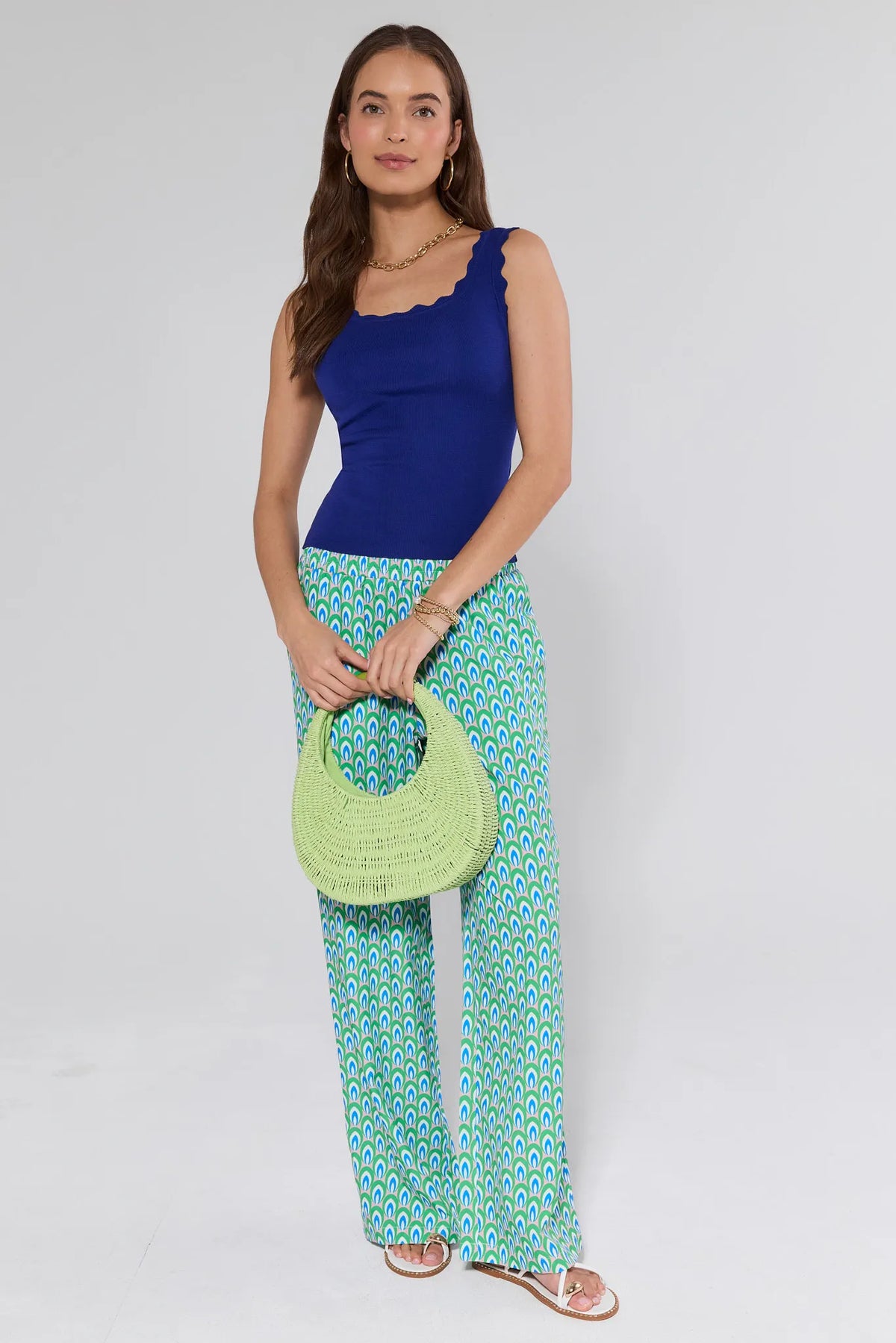 Avery Printed Wide Leg Pants in green & blue peacock print, styled with navy tank and lime woven bag - Full Length | Avara