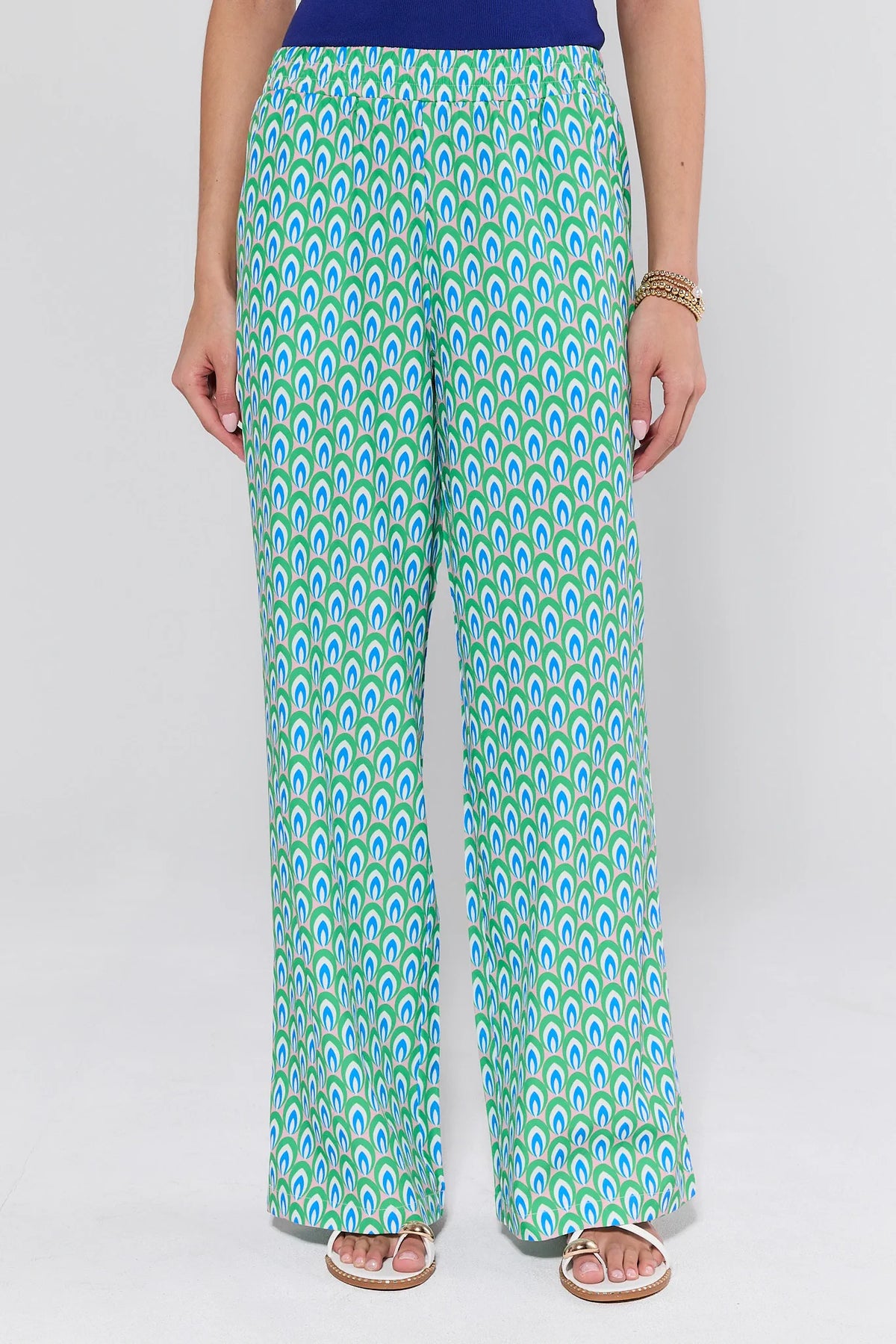 Avery Printed Wide Leg Pants in green & blue abstract print, elastic waistband, wide-leg silhouette - Front Close-Up | Avara