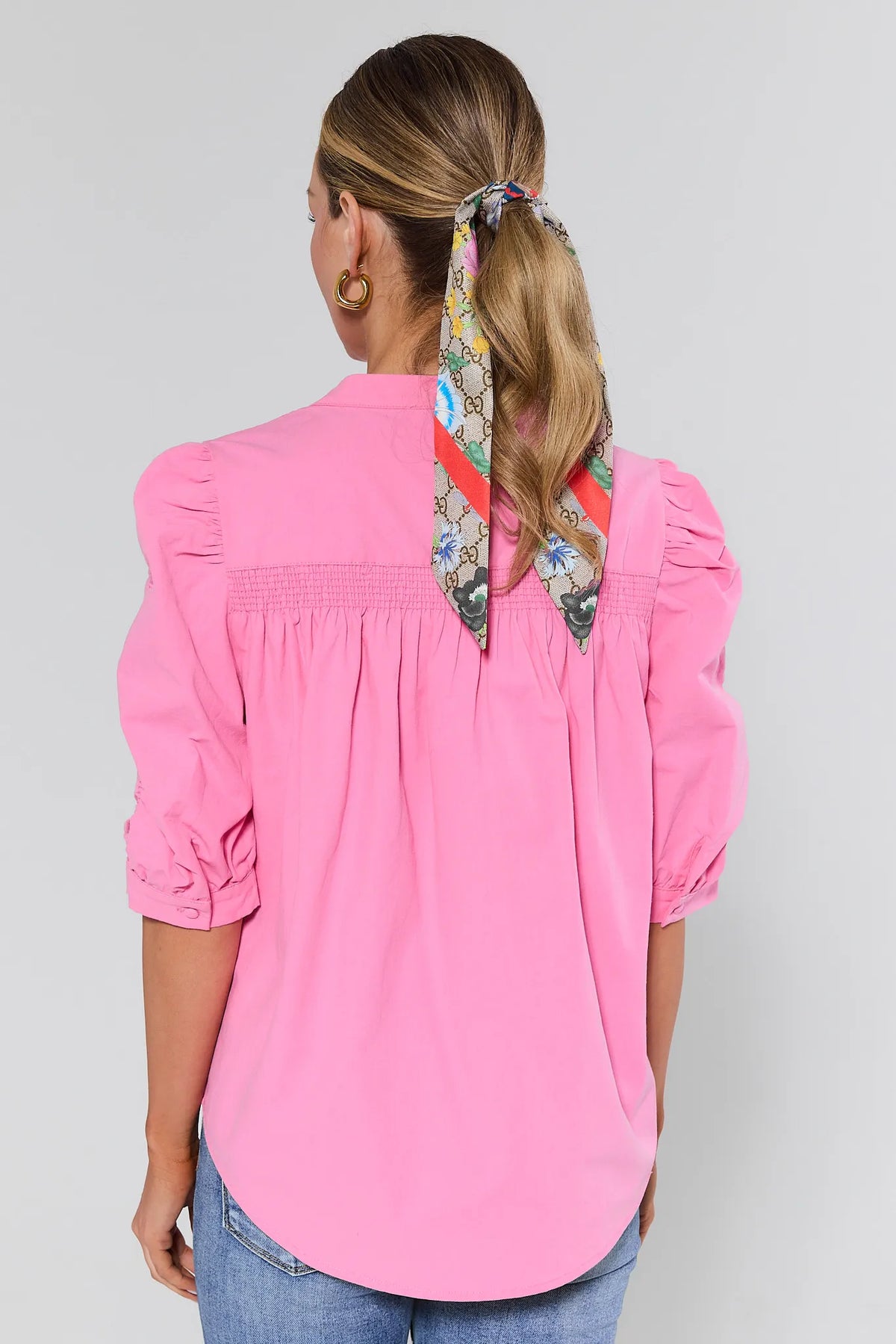 Maya Pink Button Up Top with ruched sleeves and smocked back detail, styled with hair scarf - Back View | Avara