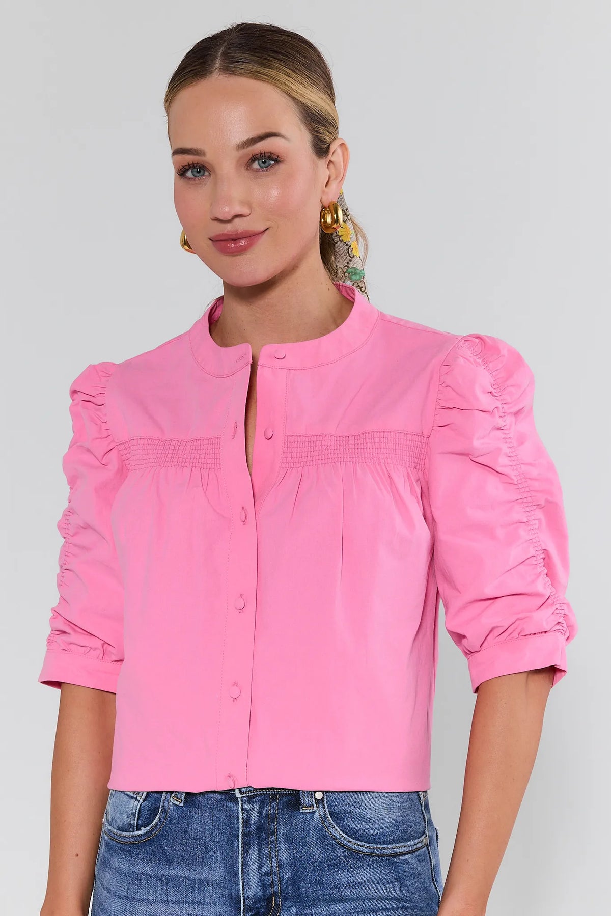 Maya Pink Button Up Top with puff sleeves and smocked chest detail - Close-Up Front View | Avara