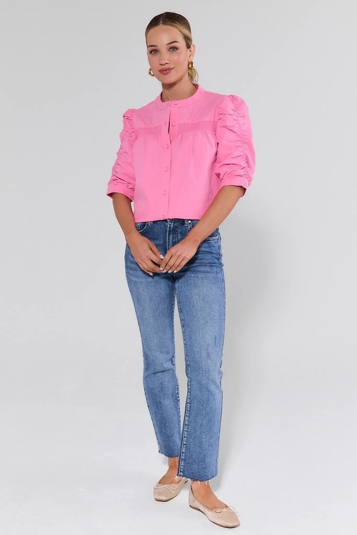Maya Pink smocked button-front top with ruched sleeves styled with blue denim jeans - Full Length View | Avara