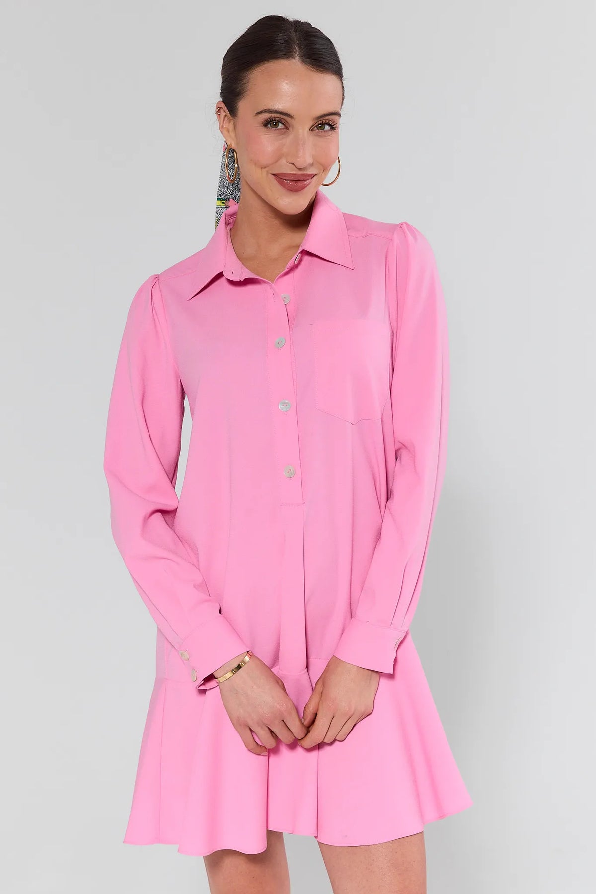 Pink Meagan Drop Waist Dress by Fate - Front View, Long Sleeve Shirt Dress | Avara