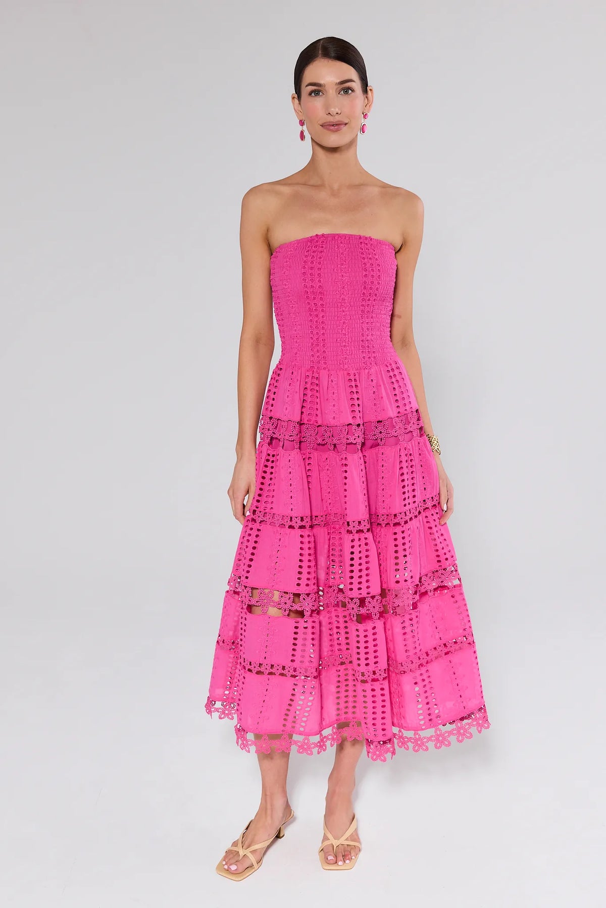 Hot pink eyelet tiered midi dress, full front view with lace hem — Cecilia Pink Strapless Midi Dress | Avara