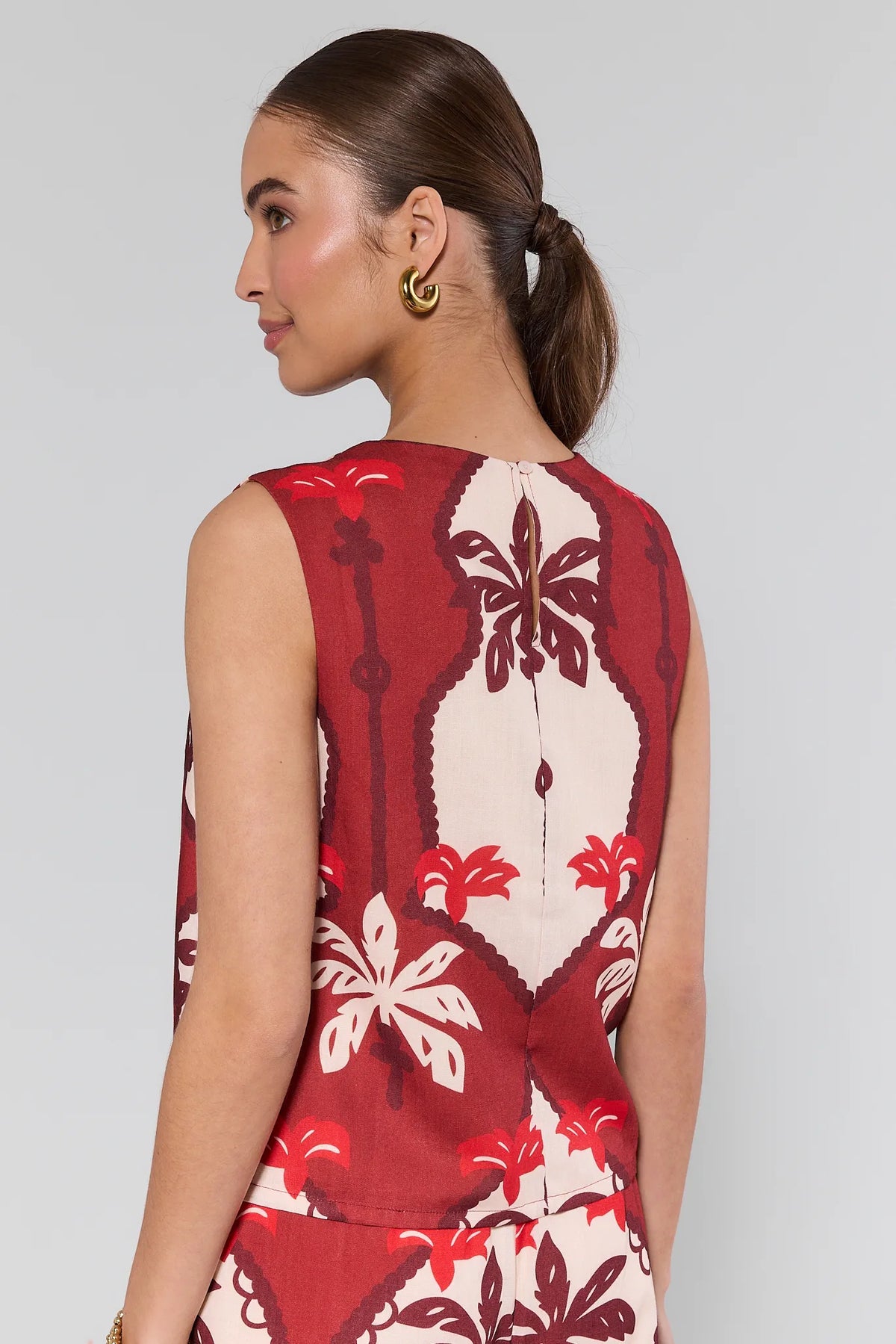 Celine Maroon Printed Tank Top - Back View Showing Palm Print Detail and Keyhole | Avara