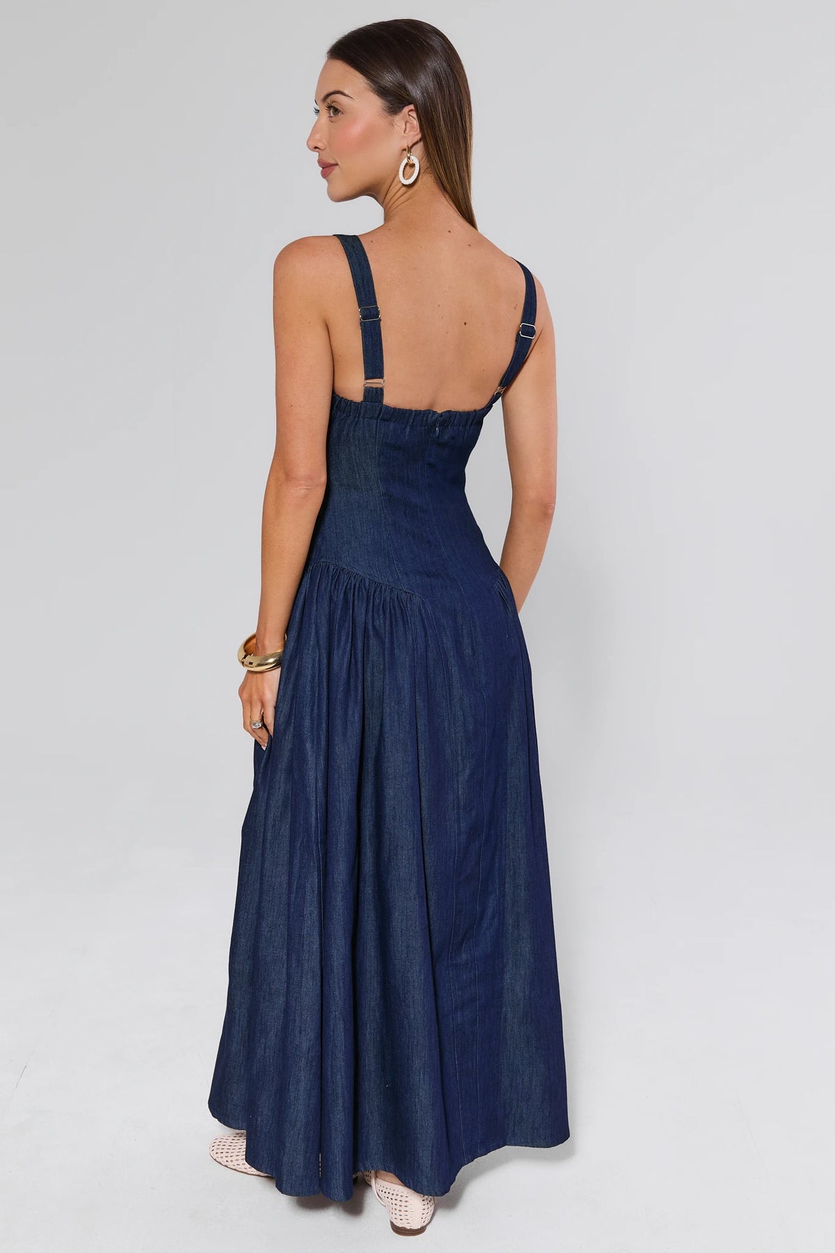 Navy chambray Suzanne Drop Waist Maxi Dress - Back View, adjustable straps and zip closure | Avara