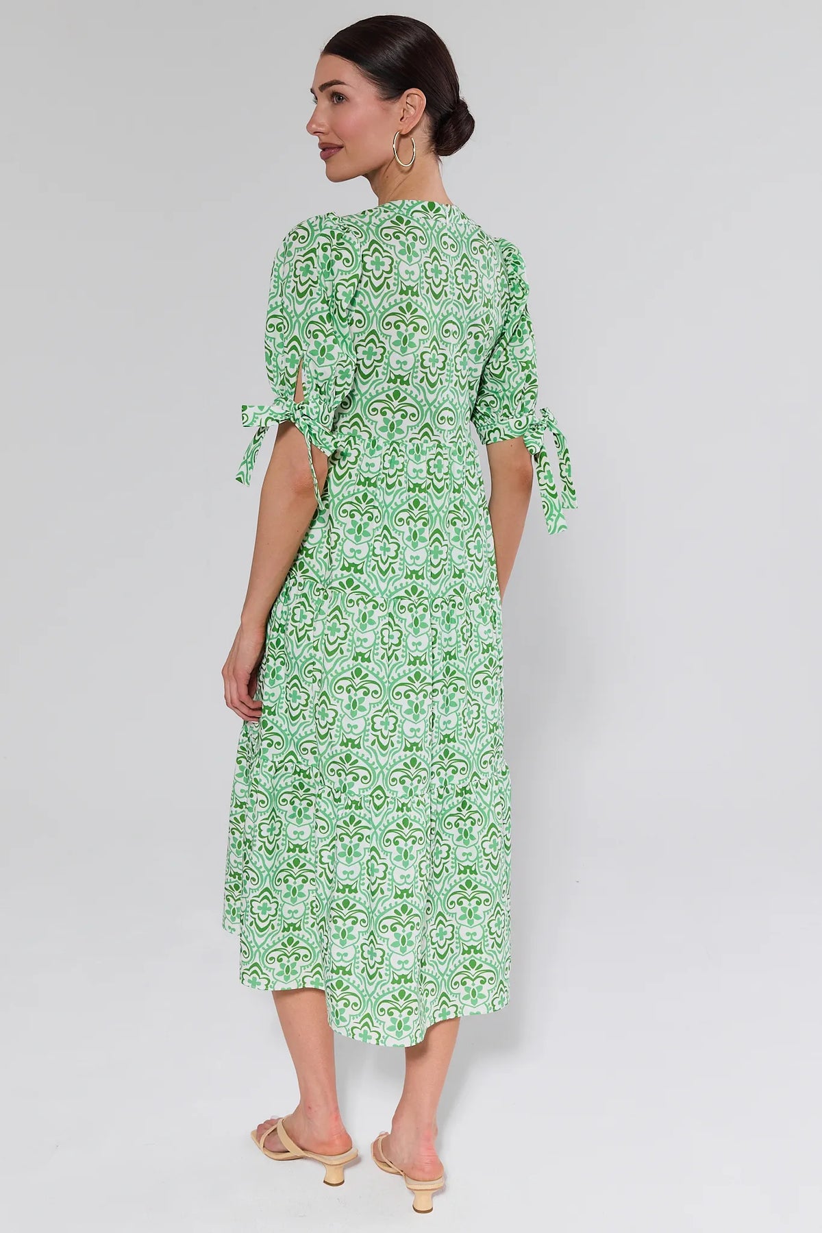 Harriet Green Floral Print Midi Dress with tie sleeves and tiered skirt - Back View | Avara