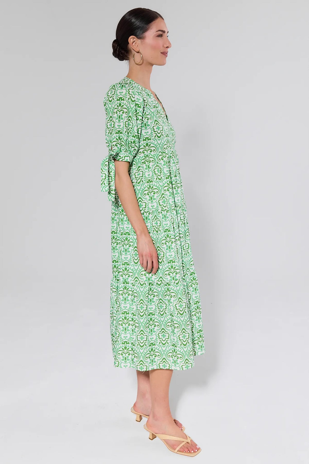Harriet Green abstract print modest midi dress with puff sleeves - Side View | Avara