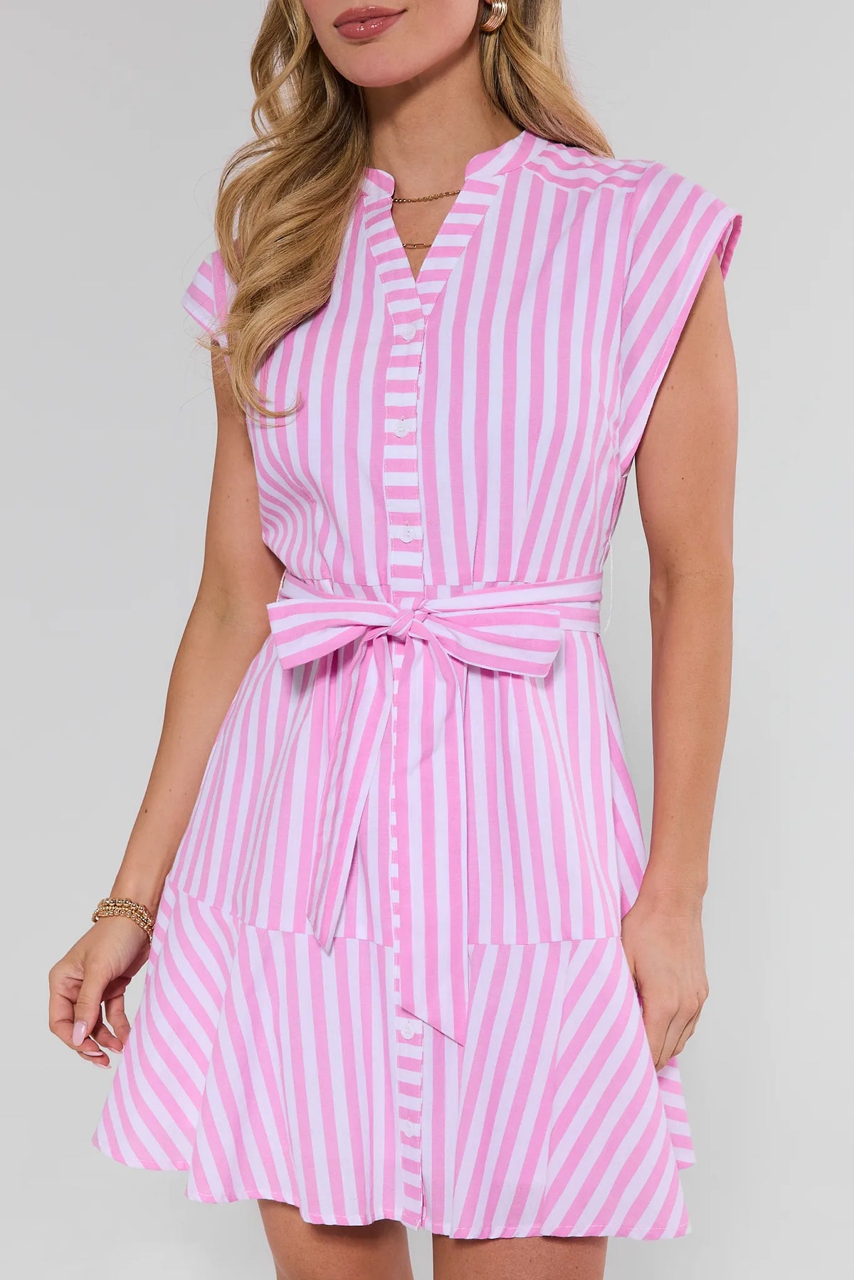 Pink and white striped Erica Short Dress showing button-front and tie belt detail - Close-Up | Avara