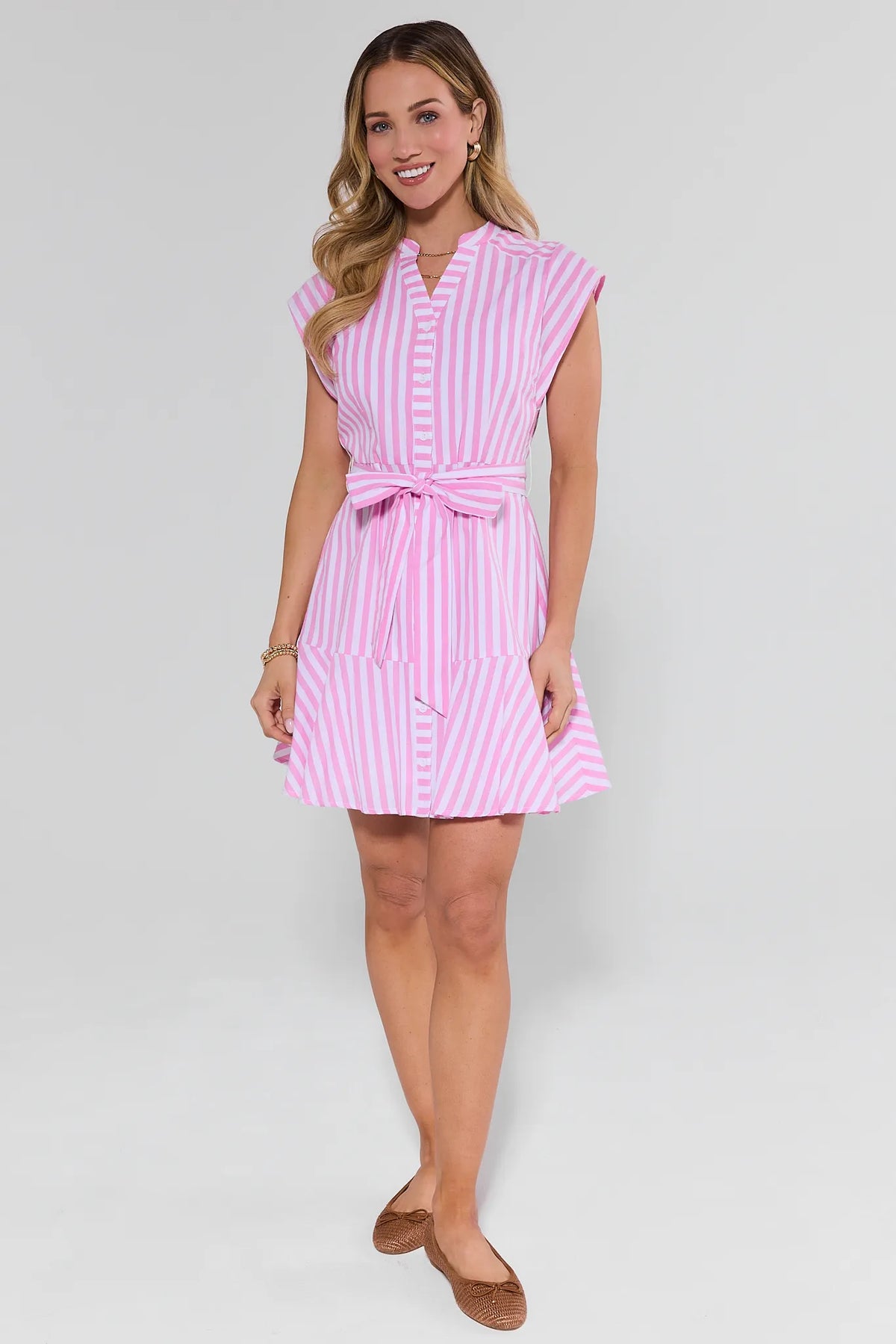 Women's pink striped Erica Short Dress with A-line skirt styled with flats - Full Length | Avara