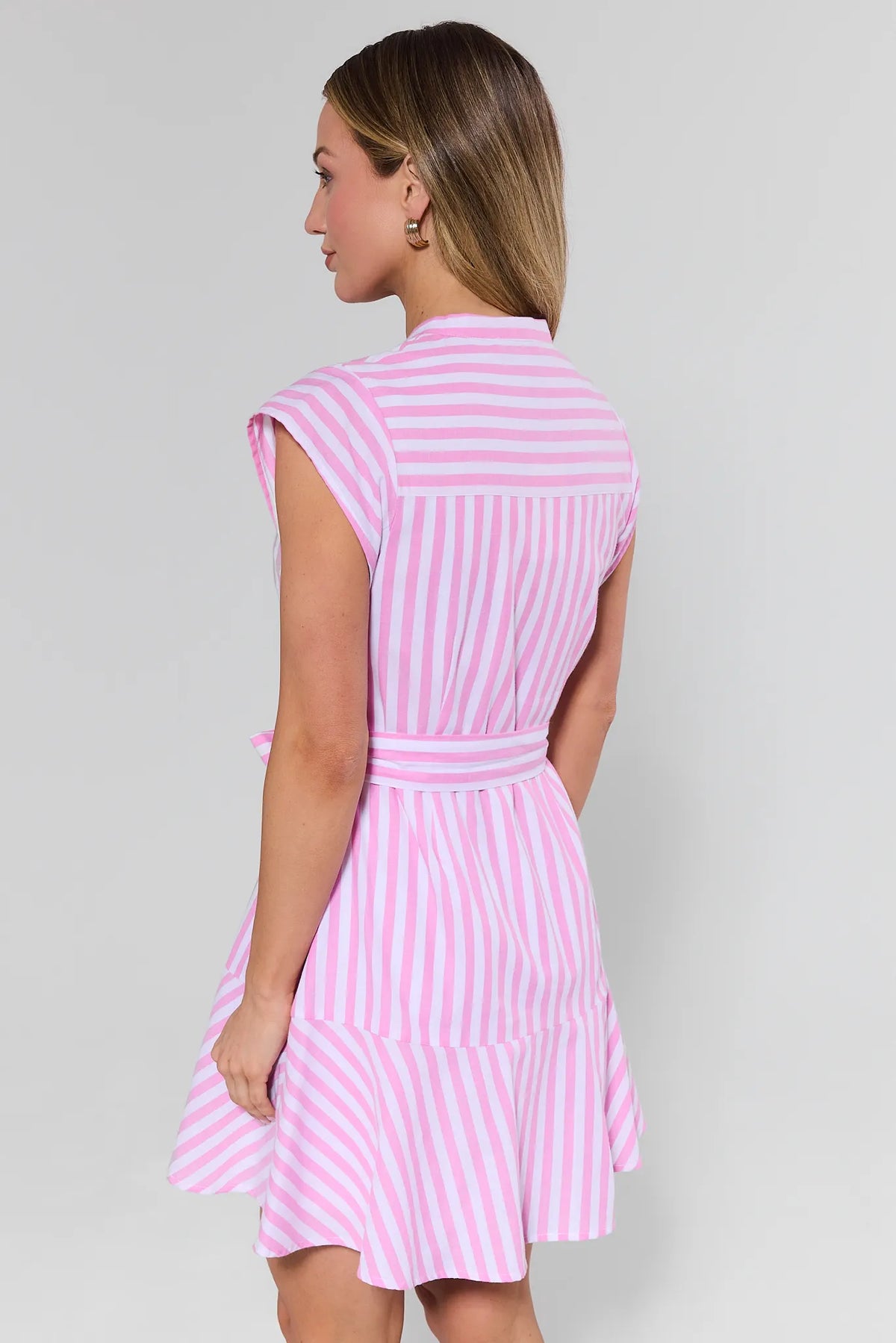 Pink striped Erica Short Dress showing tiered A-line skirt and tie waist - Back View | Avara