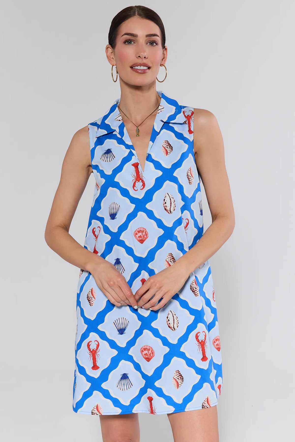 Ellen Blue Seaside Short Dress with lobster and seashell print, collared V-neckline, front view on model | Avara
