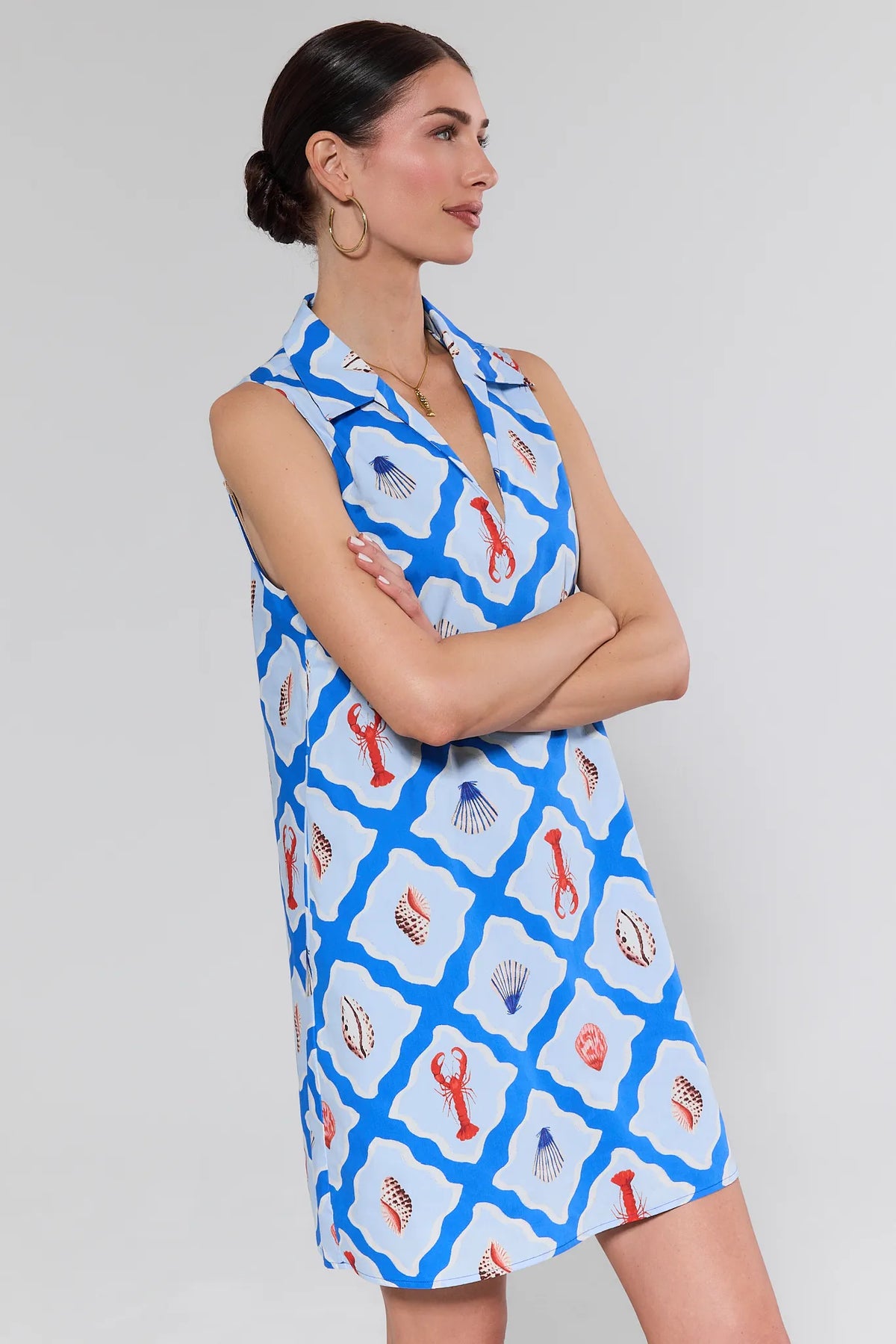 Ellen Blue Seaside Short Dress side profile view, sleeveless shift dress with blue lattice lobster and shell print | Avara