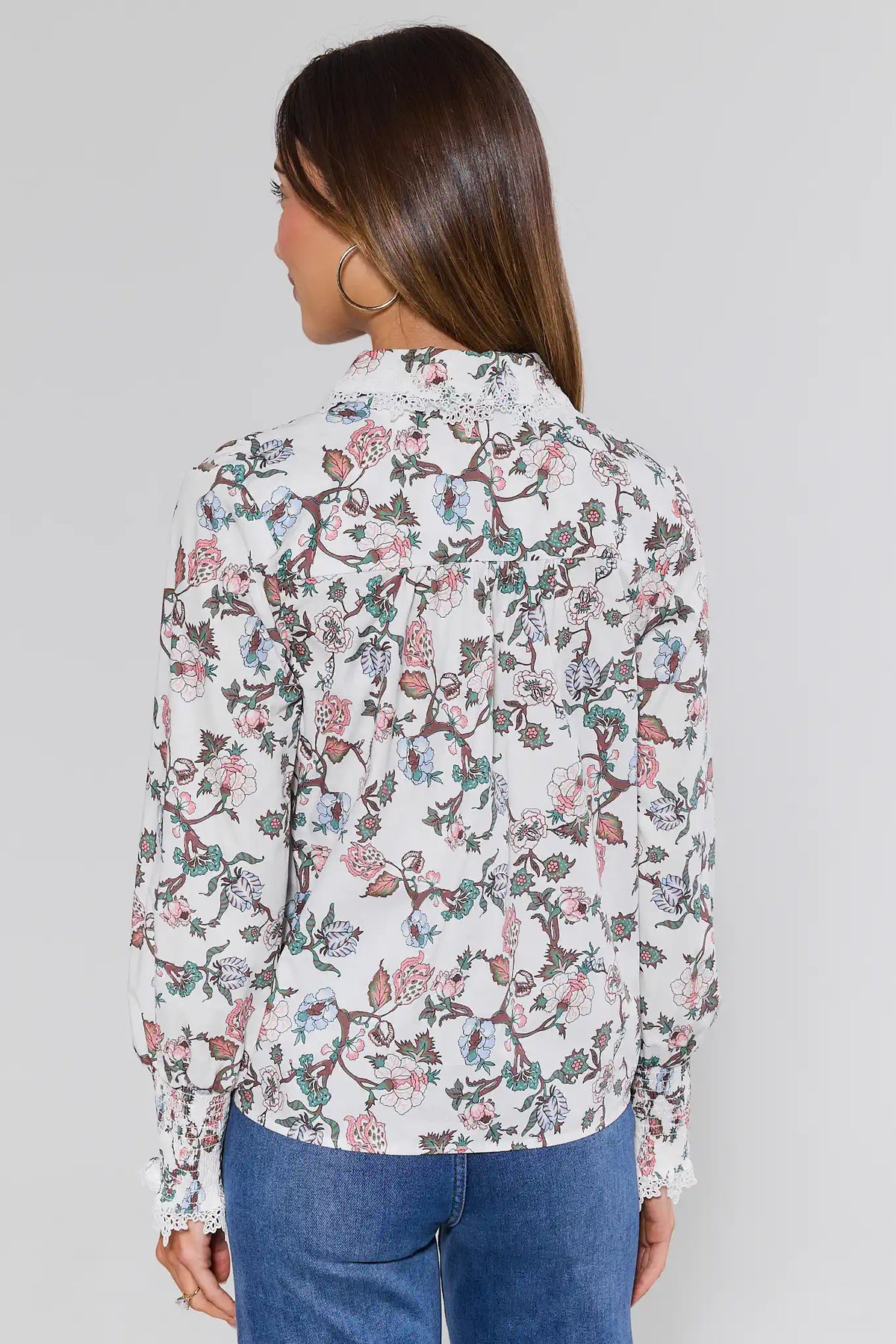 Penny White Floral Print Top with lace smocked cuffs - Back View | Avara