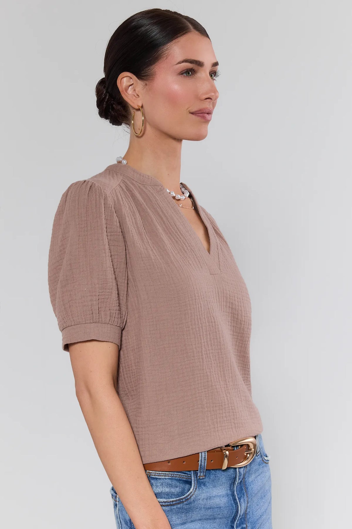 Tammy Taupe Gauze Puff Sleeve Top - Side Profile View with Denim | Avara