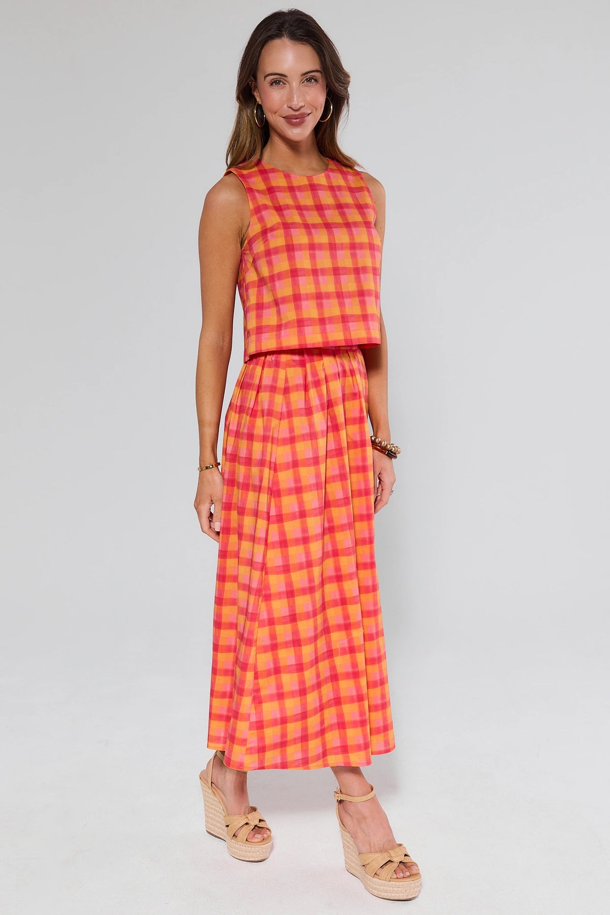 Orange plaid matching set tank top and maxi skirt, full-length front view with wedge sandals | Avara