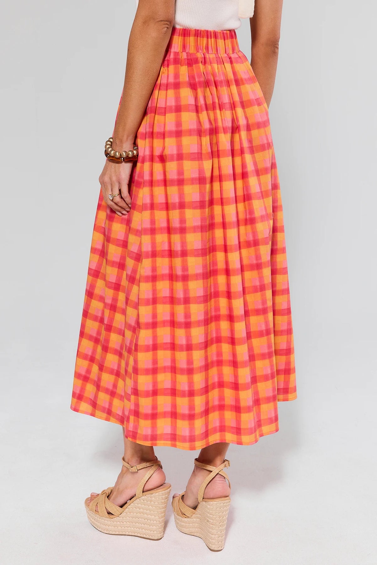 Estie Orange Plaid Midi Skirt - Back View with elastic waist detail | Avara