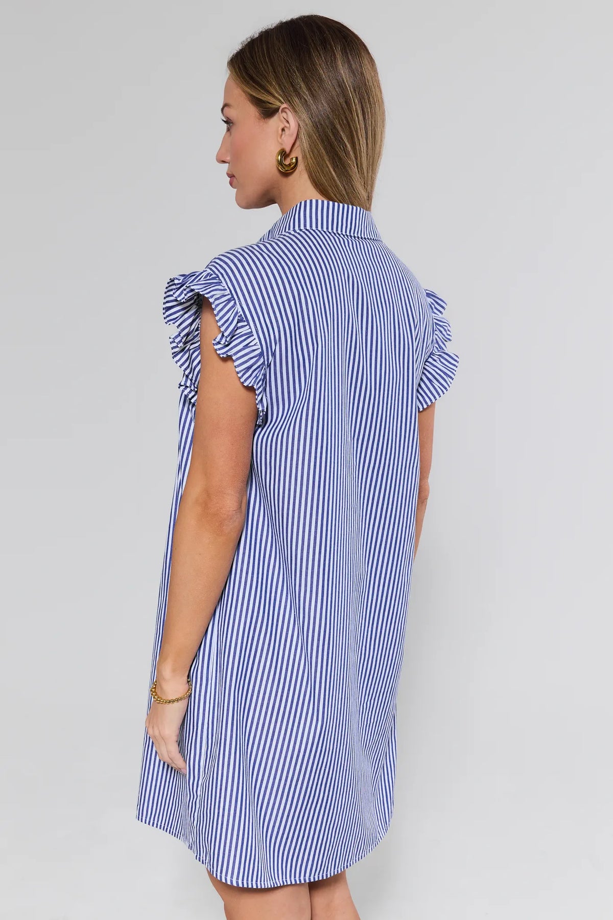 Neacie Navy Striped Short Dress ruffle sleeve detail - Back View | Avara