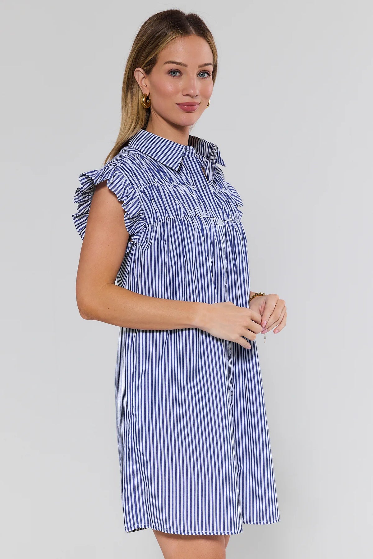 Neacie Navy Striped Short Dress with ruffle cap sleeves - Side View | Avara