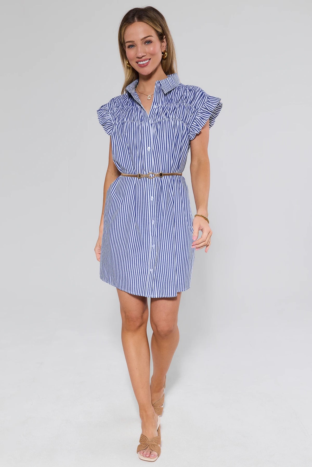 Navy striped short dress styled with brown belt and sandals - Full Length Front | Avara