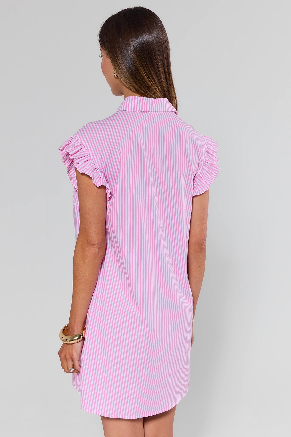 Neacie Pink Striped Short Dress back view showing ruffle sleeves, collared neckline, and shift silhouette | Avara