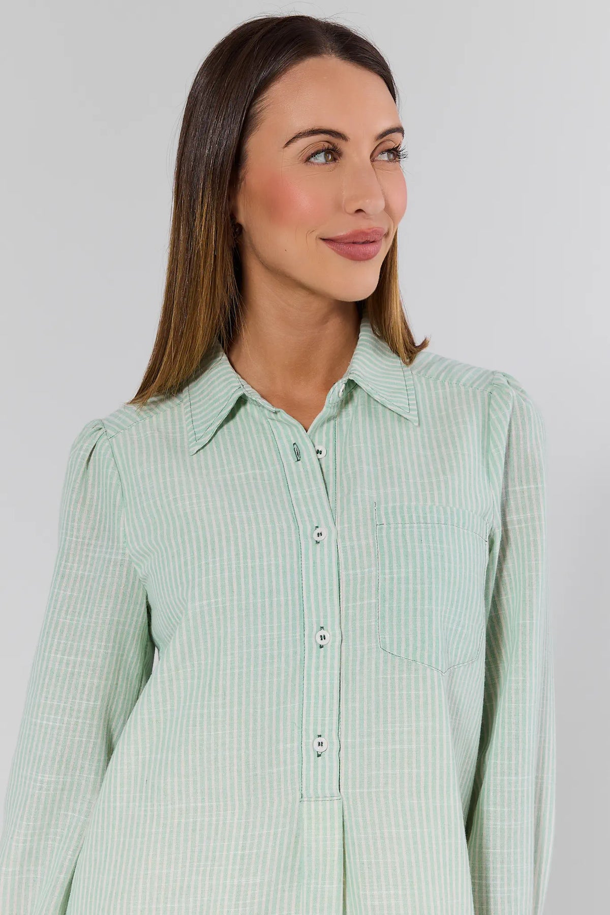 Meagan Green Striped Drop Waist Dress - Close-Up Collar and Button Detail | Avara