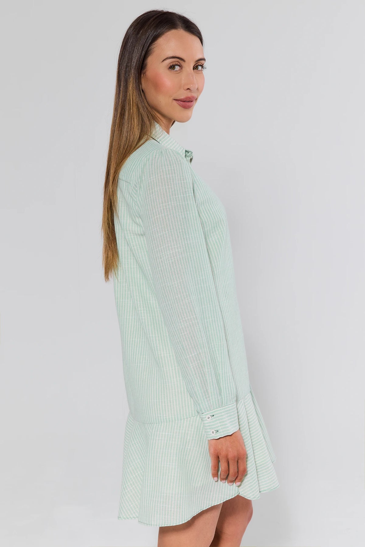 Meagan Green and White Striped Drop Waist Dress - Back View, Long Sleeve Button Cuff | Avara