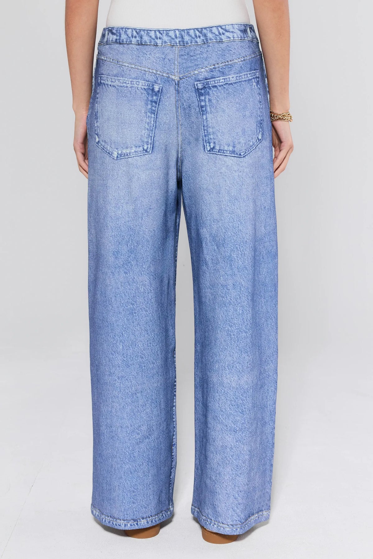 Blue Maeve Cotton Wide Leg Pants - Back View, Dual Patch Pockets, Denim-Print Cotton Terry | Avara