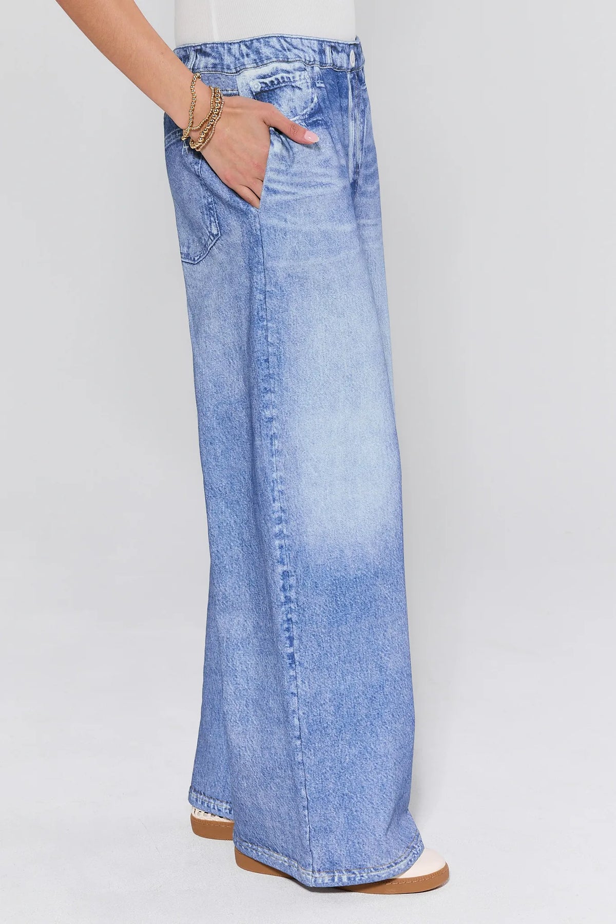 Blue Maeve Cotton Wide Leg Pants - Side Profile View, Flowy Wide-Leg Silhouette, Side Pocket Detail | Avara
