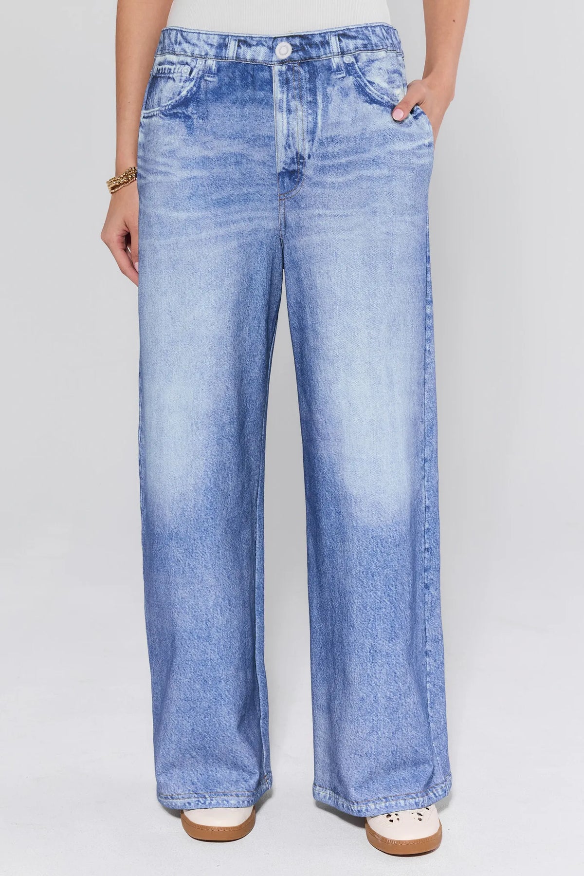 Blue Maeve Cotton Wide Leg Pants - Front Waist Close-Up, Denim-Print Cotton Terry, Button Closure | Avara