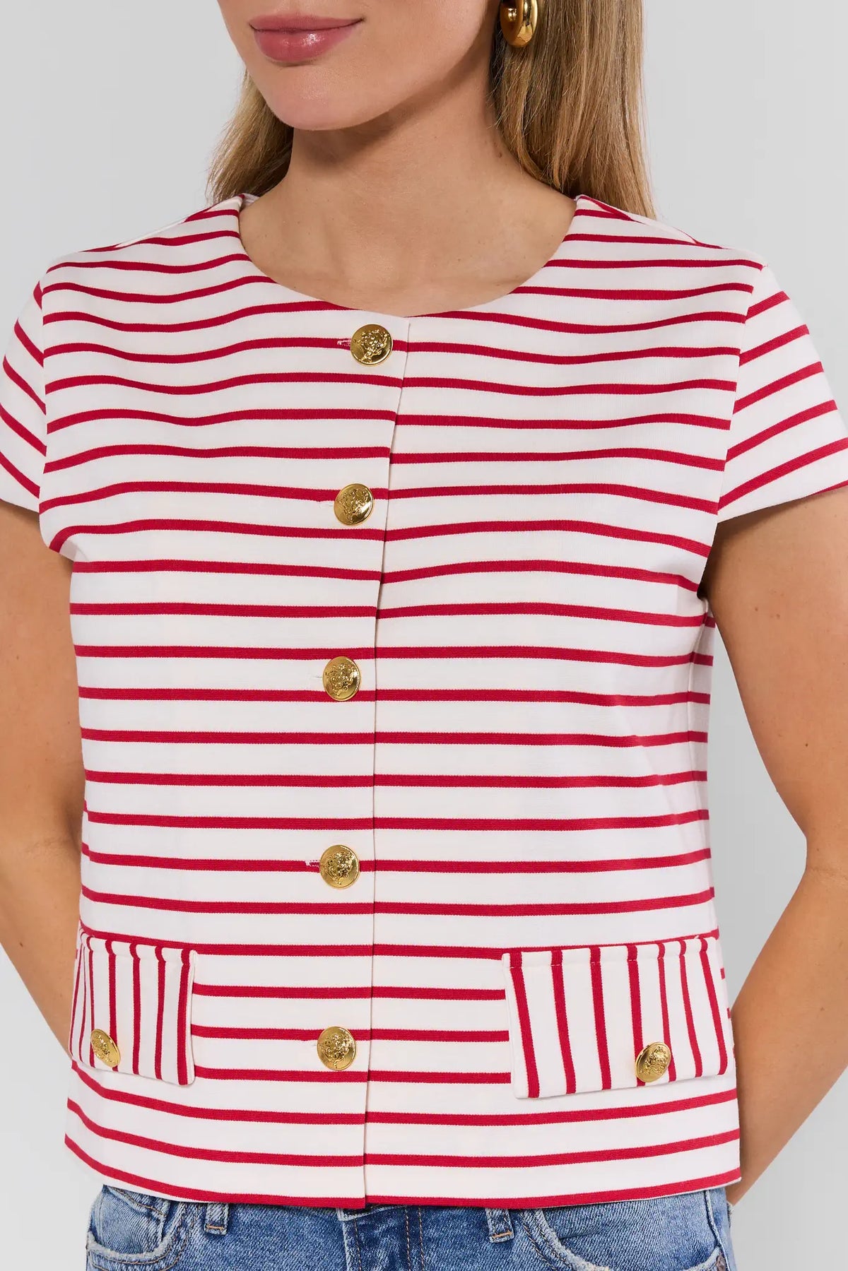 Pippa Red Striped Button Up Top gold button and pocket detail, close-up - Front Detail | Avara